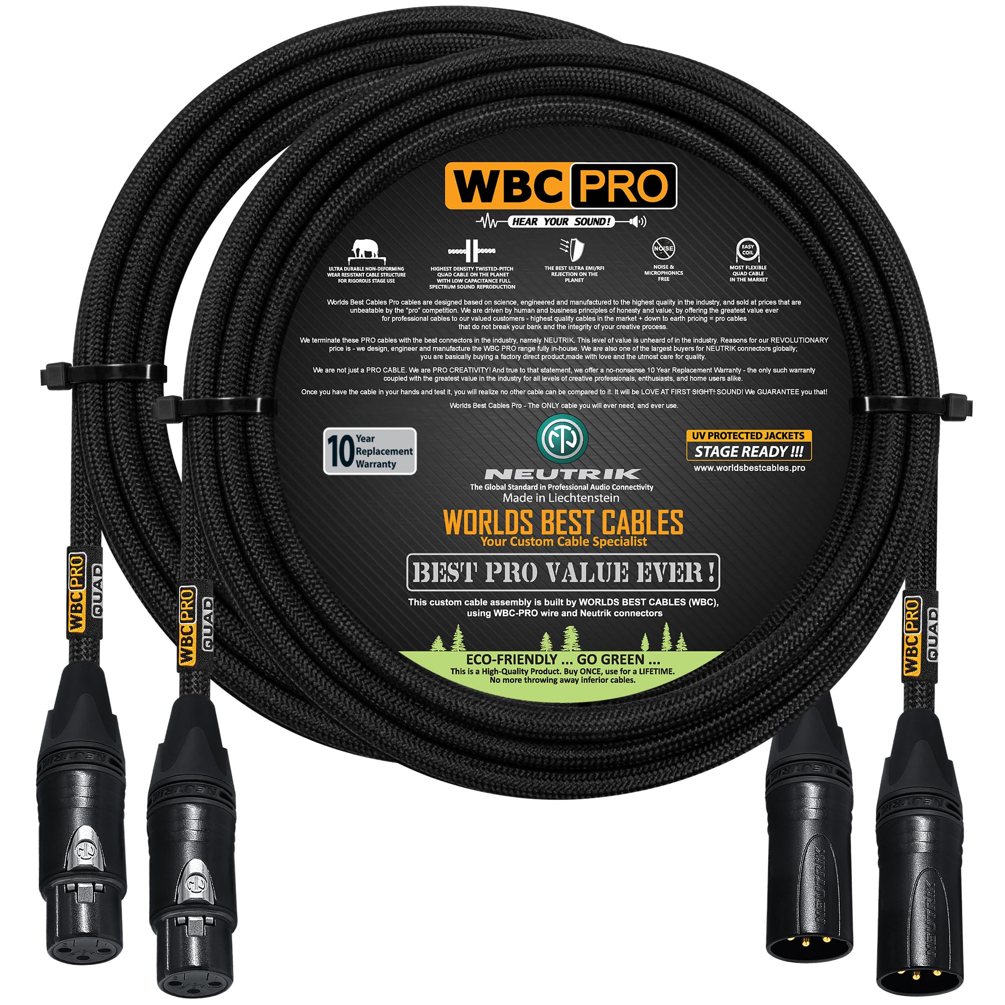 2 Units - 8 Foot - WBC-PRO-Quad Ultra-Silent Ultra-Flexible Balanced Star-Quad Cable with Neutrik Male & Female XLR Plugs & Black Tweed Jacket