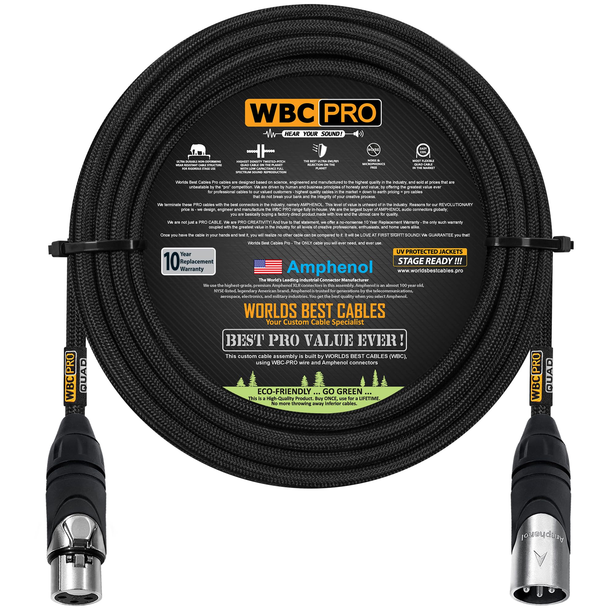 20 Foot - WBC-PRO-Quad Ultra-Silent Ultra-Flexible Balanced Star-Quad Cable with Amphenol Male & Female XLR Plugs & Black Tweed Jacket