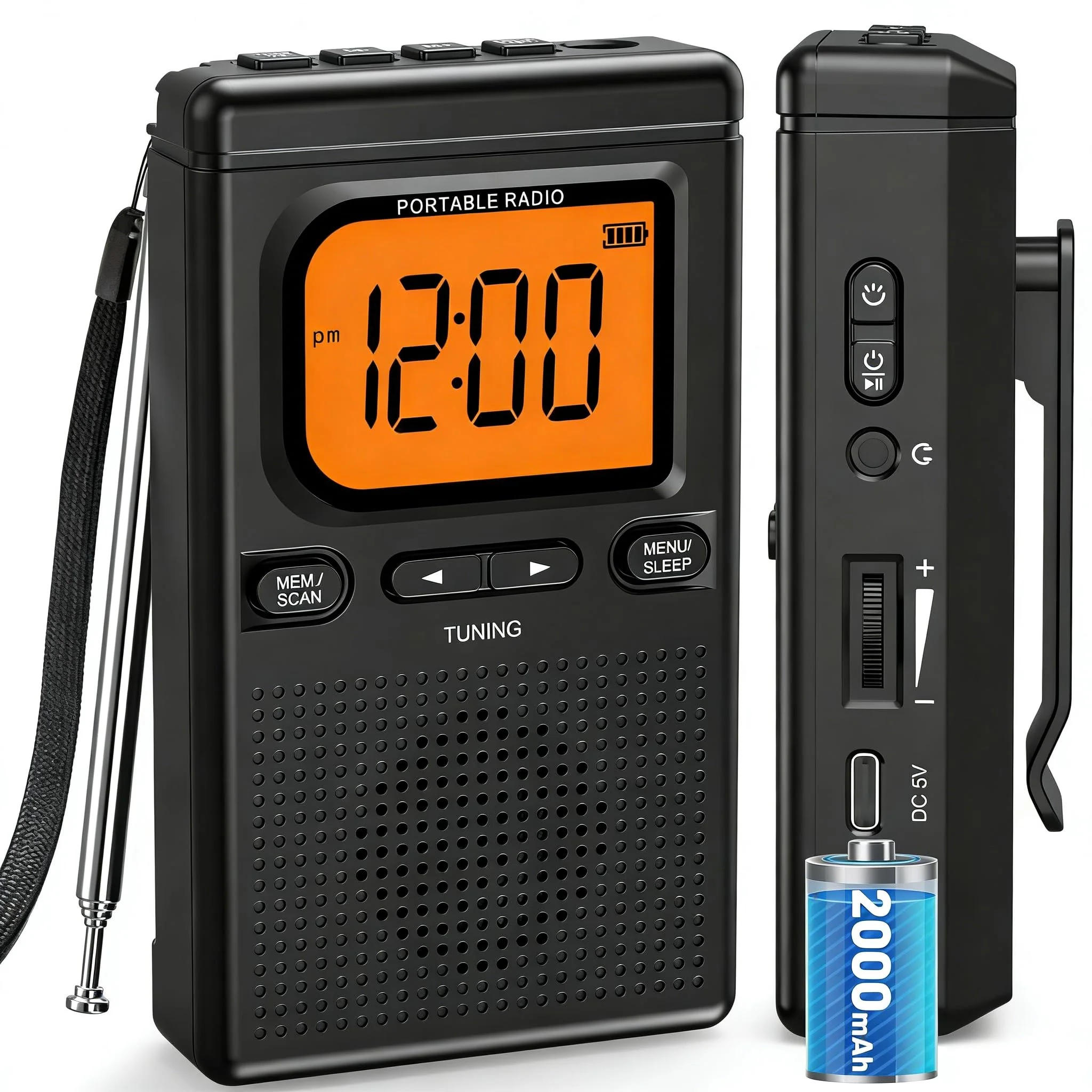 2000mAh Rechargeable AM FM Radio with Bluetooth Portable Transistor Pocket Radio with Best Reception Digital Tuning, Flashlight,LCD Screen,Earphone Jack, Sleep Timer and Alarm Clock for Jogging Black
