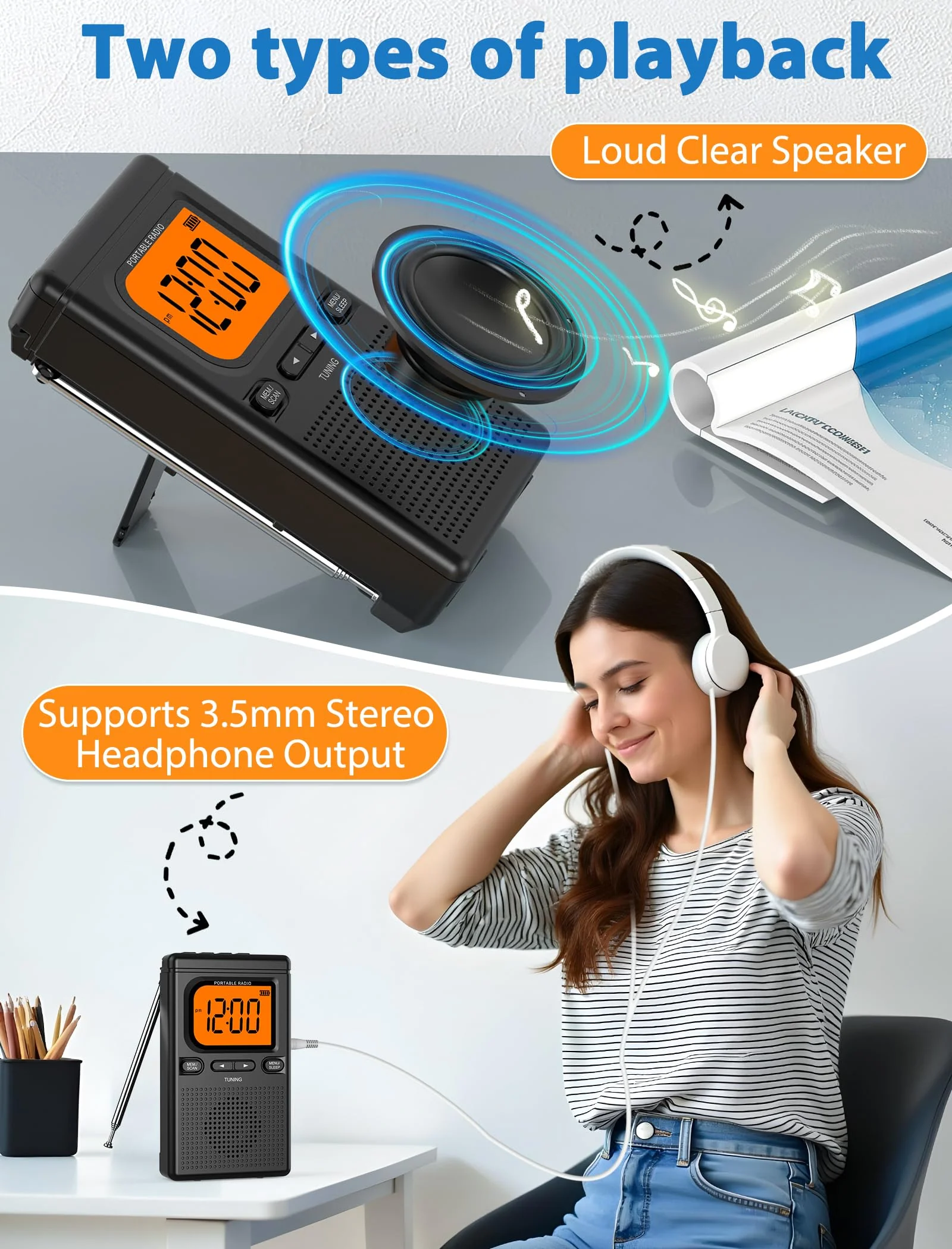 2000mAh Rechargeable AM FM Radio with Bluetooth Portable Transistor Pocket Radio with Best Reception Digital Tuning, Flashlight,LCD Screen,Earphone Jack, Sleep Timer and Alarm Clock for Jogging Black - Image 5