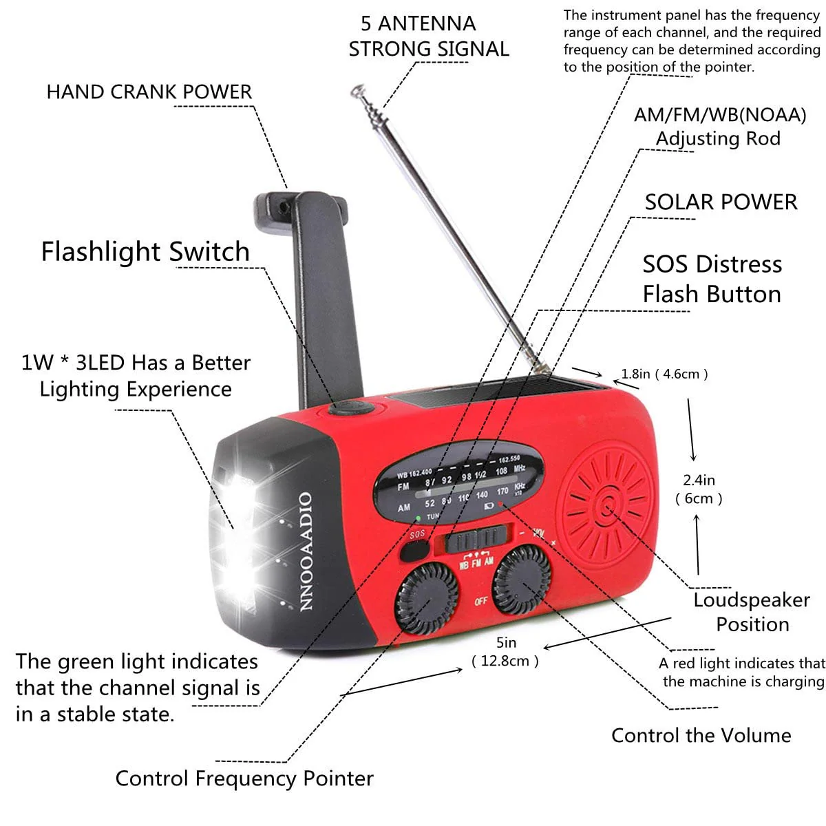 2000mAh SOS Alarm Emergency AM FM Weather Radio, 3LED Type-C Hand Crank Solar Battery Operated Portable Wind Up Radio Flashlight, Cell Phone Charger Survival Kit (Red) - Image 3