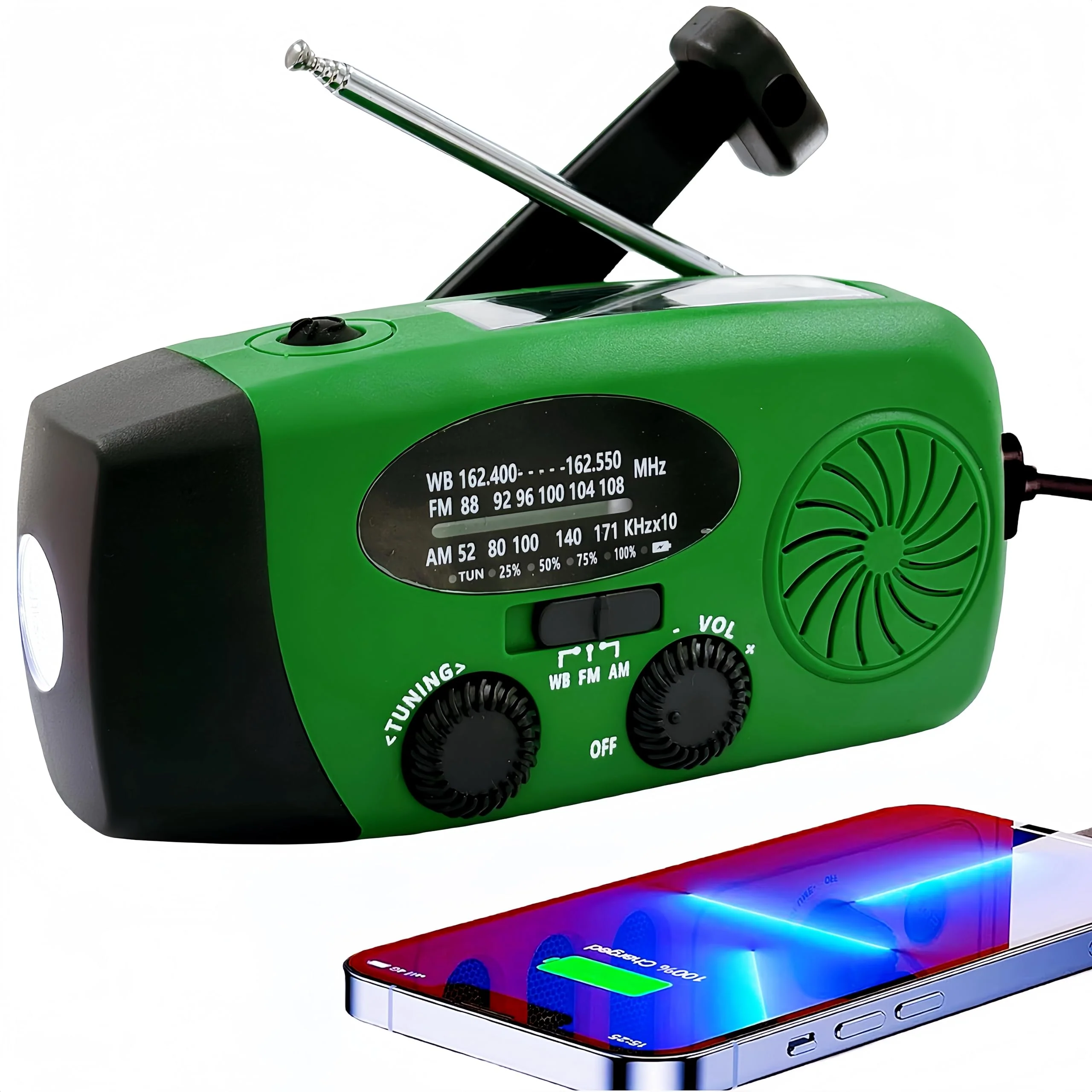 2000mAh Weather Emergency Radio, Portable Solar AM/FM/NOAA Hand Crank Radio, Cell Phone Charger with SOS, 1W LED Flashlight, Headphone Jack, Power for Emergency Preparedness (2000mAh Green)