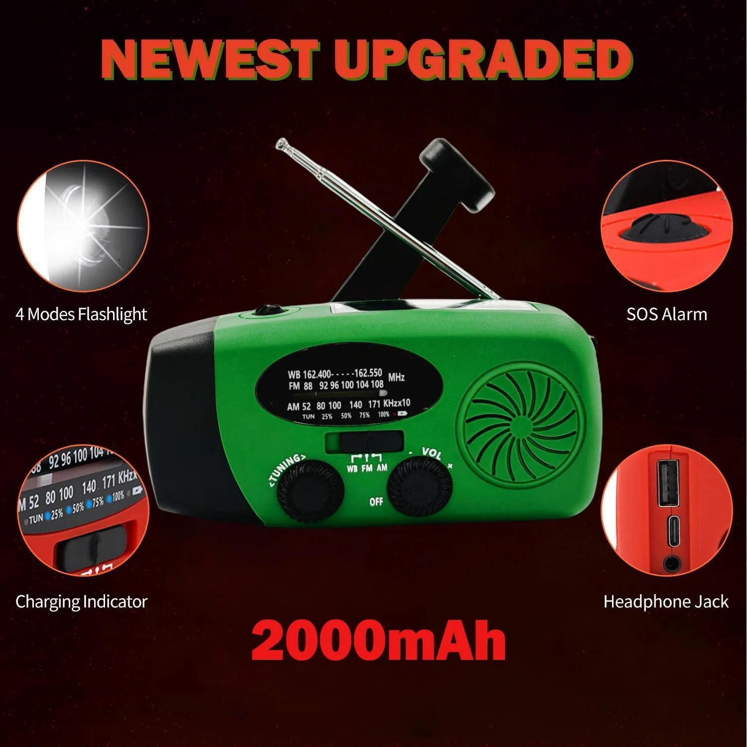 2000mAh Weather Emergency Radio, Portable Solar AM/FM/NOAA Hand Crank Radio, Cell Phone Charger with SOS, 1W LED Flashlight, Headphone Jack, Power for Emergency Preparedness (2000mAh Green) - Image 2