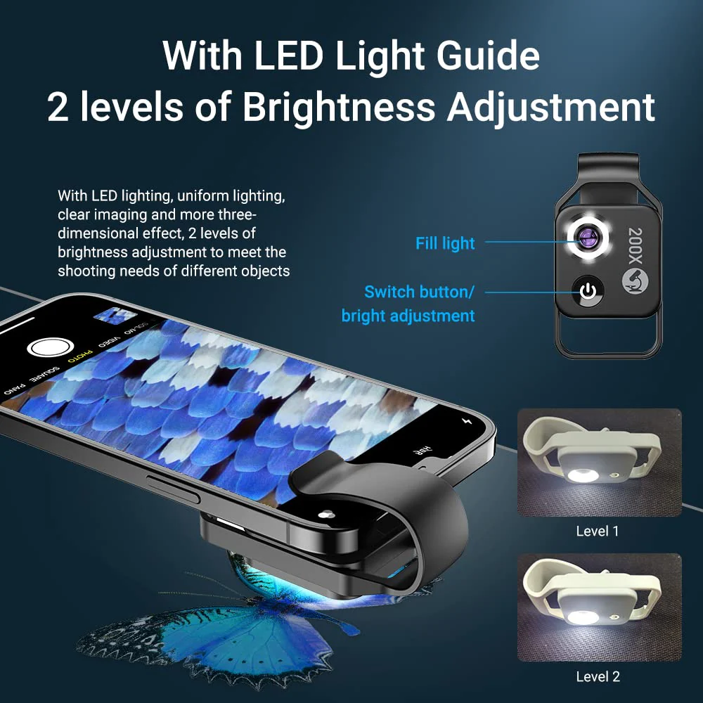 200X Magnification Microscope Lens withCPL Mobile LED Light Micro Pocket Macro Lenses for iPhone Samsung All Smartphones (Black Without CPL) Black without CPL - Image 4