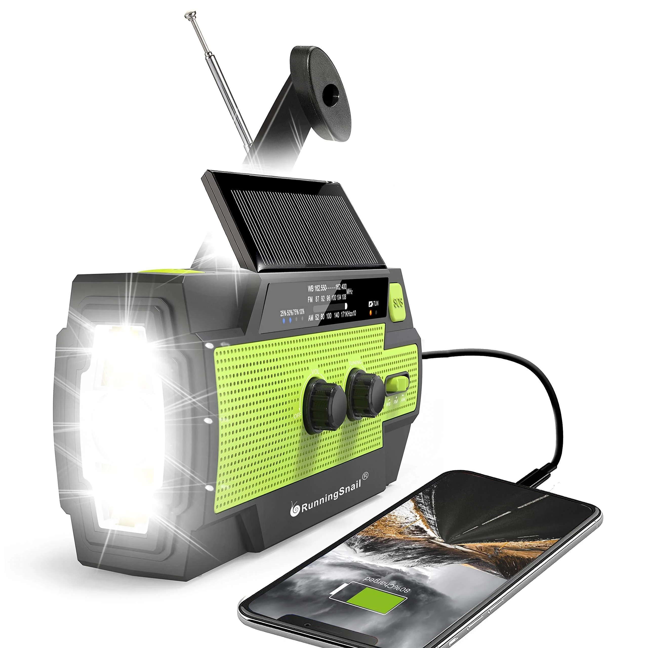 【2021 Newest】RunningSnail Emergency Crank Radio,4000mAh-Solar Hand Crank Portable AM/FM/NOAA Weather Radio with 1W Flashlight&Motion Sensor Reading Lamp,Cell Phone Charger, SOS for Home and Emergency Green