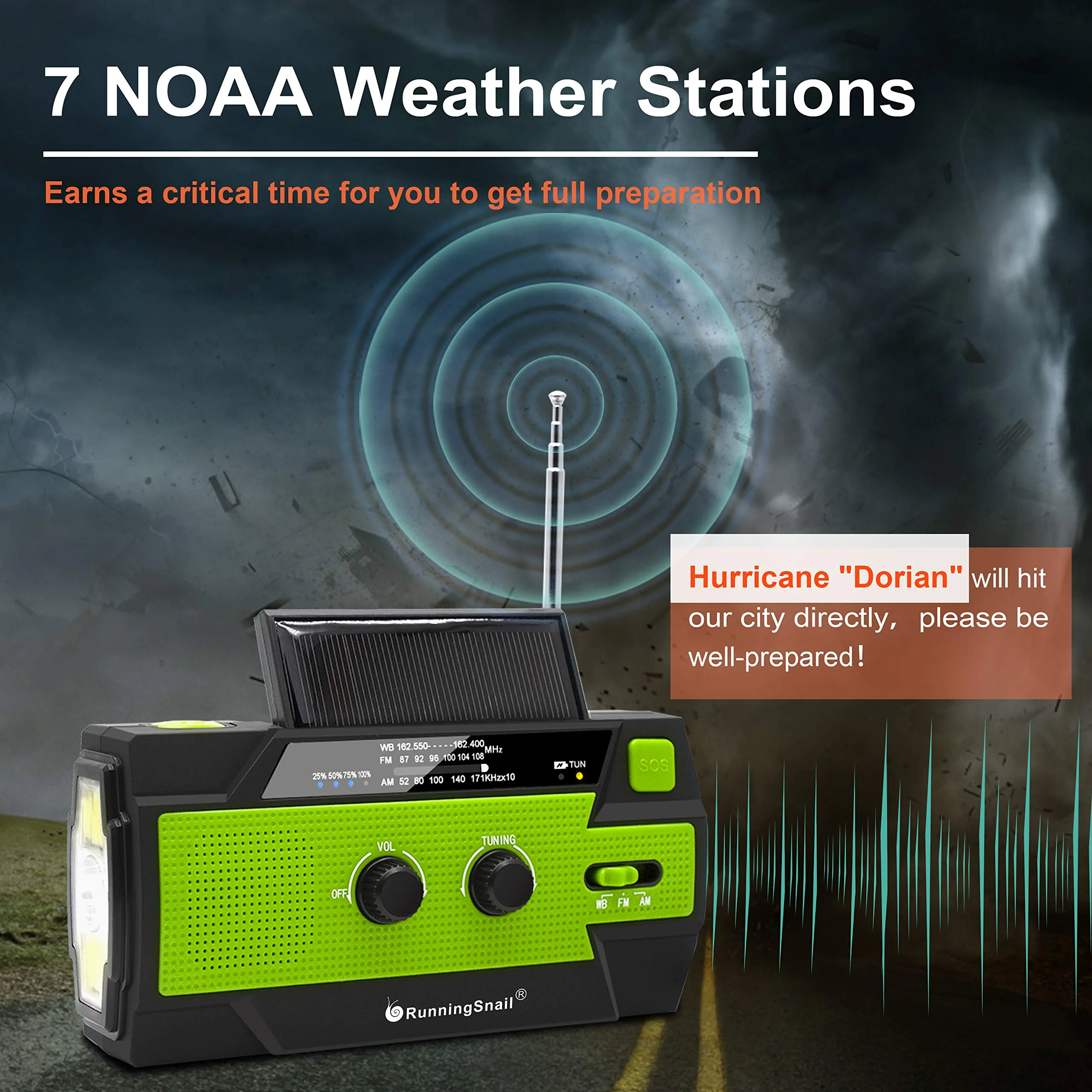 【2021 Newest】RunningSnail Emergency Crank Radio,4000mAh-Solar Hand Crank Portable AM/FM/NOAA Weather Radio with 1W Flashlight&Motion Sensor Reading Lamp,Cell Phone Charger, SOS for Home and Emergency Green - Image 2