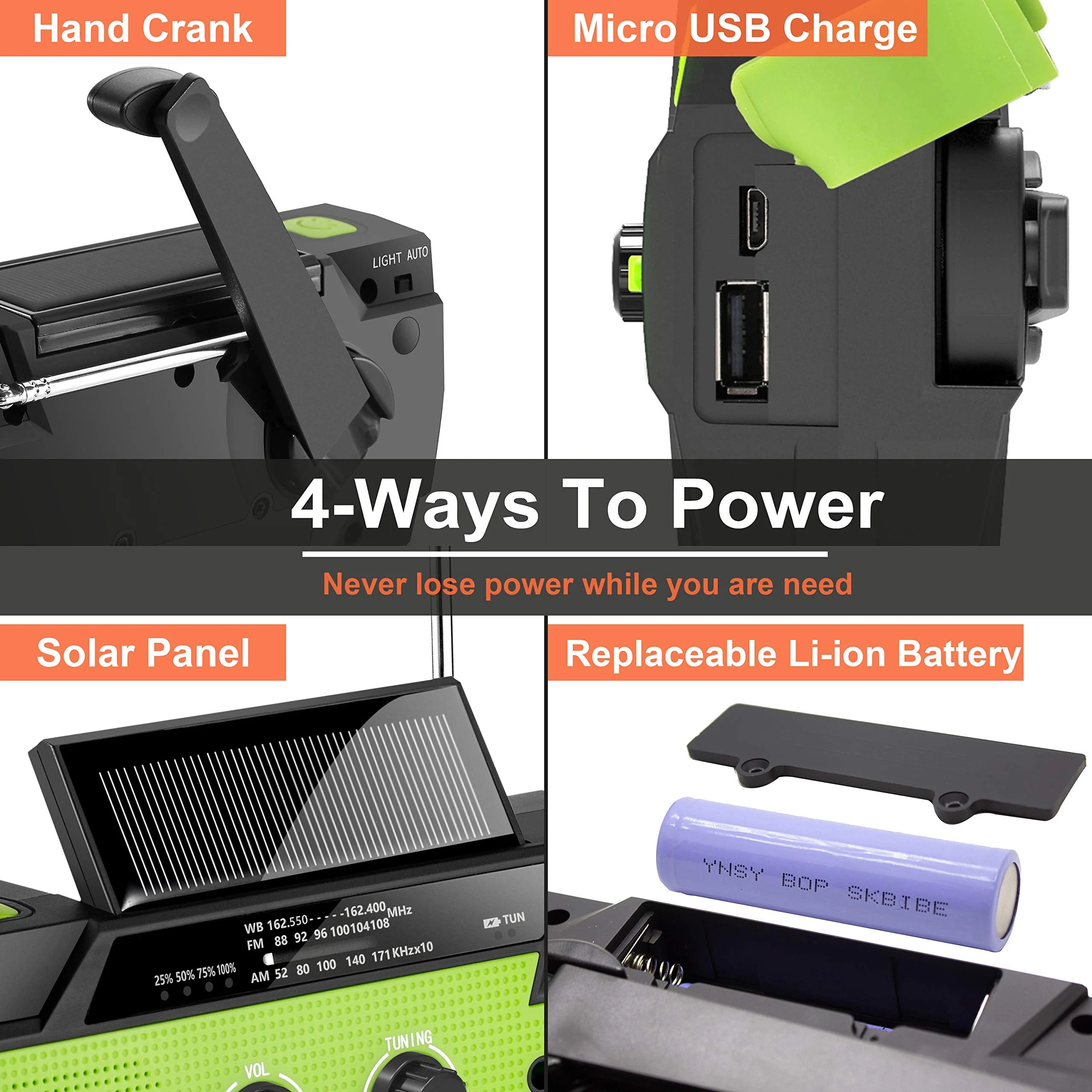 【2021 Newest】RunningSnail Emergency Crank Radio,4000mAh-Solar Hand Crank Portable AM/FM/NOAA Weather Radio with 1W Flashlight&Motion Sensor Reading Lamp,Cell Phone Charger, SOS for Home and Emergency Green - Image 4
