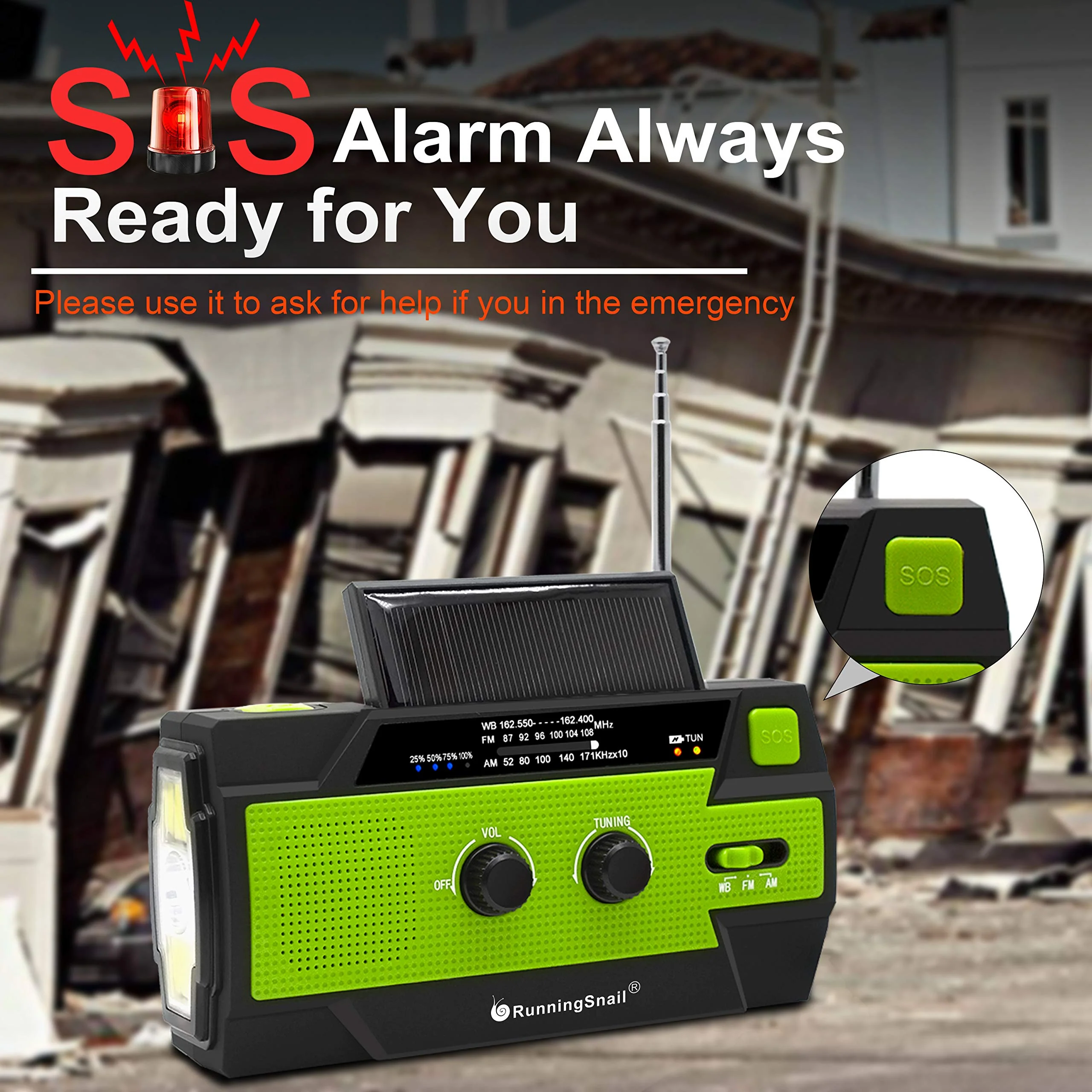 【2021 Newest】RunningSnail Emergency Crank Radio,4000mAh-Solar Hand Crank Portable AM/FM/NOAA Weather Radio with 1W Flashlight&Motion Sensor Reading Lamp,Cell Phone Charger, SOS for Home and Emergency Green - Image 5