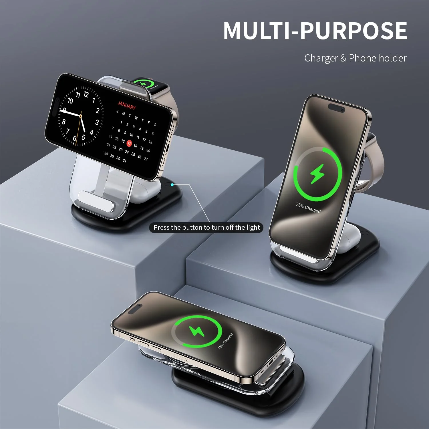 2024 Version 3 in 1 Wireless Fast Charging Station for iPhone Apple Watch,Foldable Charger Stand Dock Multiple Devices for 15/14/13/12,iWatch Ultra/SE/9/8/7/6/5/4/3/2/1, Air Pods 3/2/Pro (White) white - Image 3