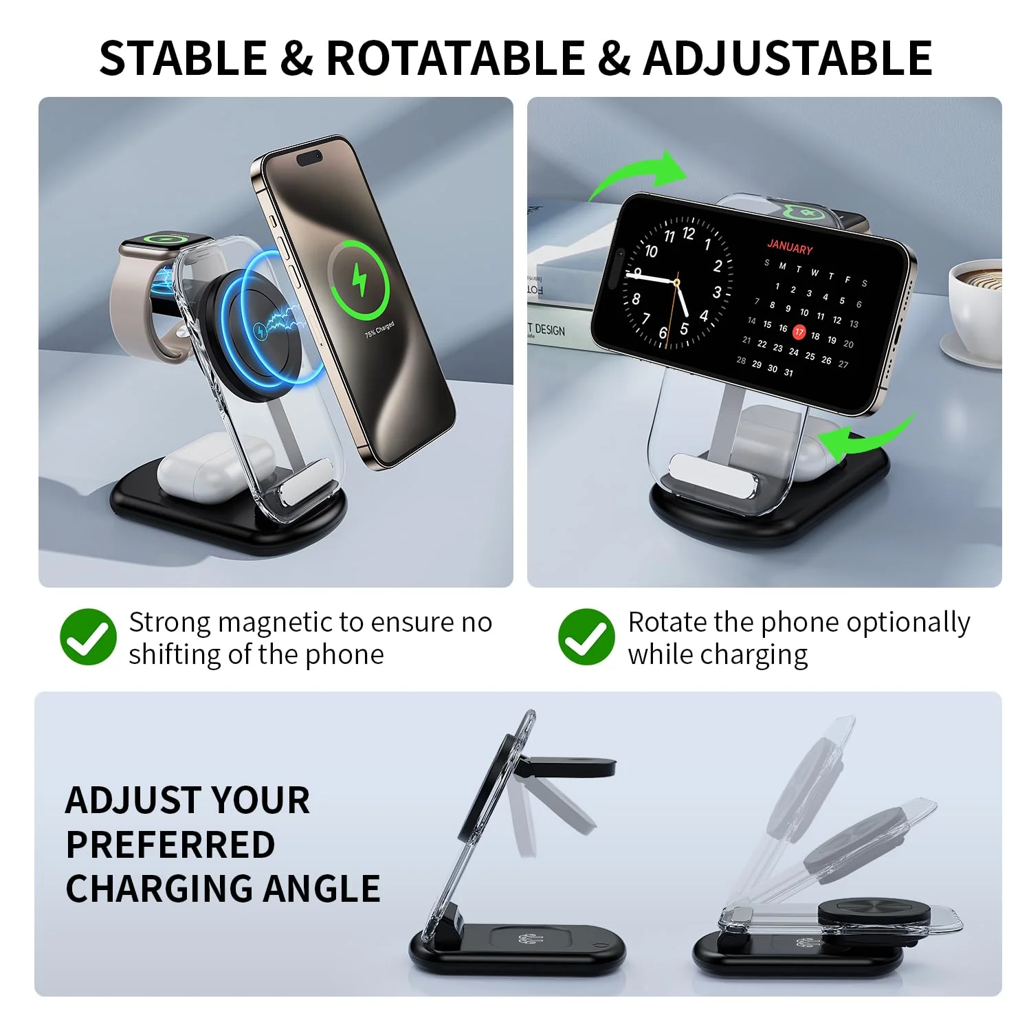 2024 Version 3 in 1 Wireless Fast Charging Station for iPhone Apple Watch,Foldable Charger Stand Dock Multiple Devices for 15/14/13/12,iWatch Ultra/SE/9/8/7/6/5/4/3/2/1, Air Pods 3/2/Pro (White) white - Image 5