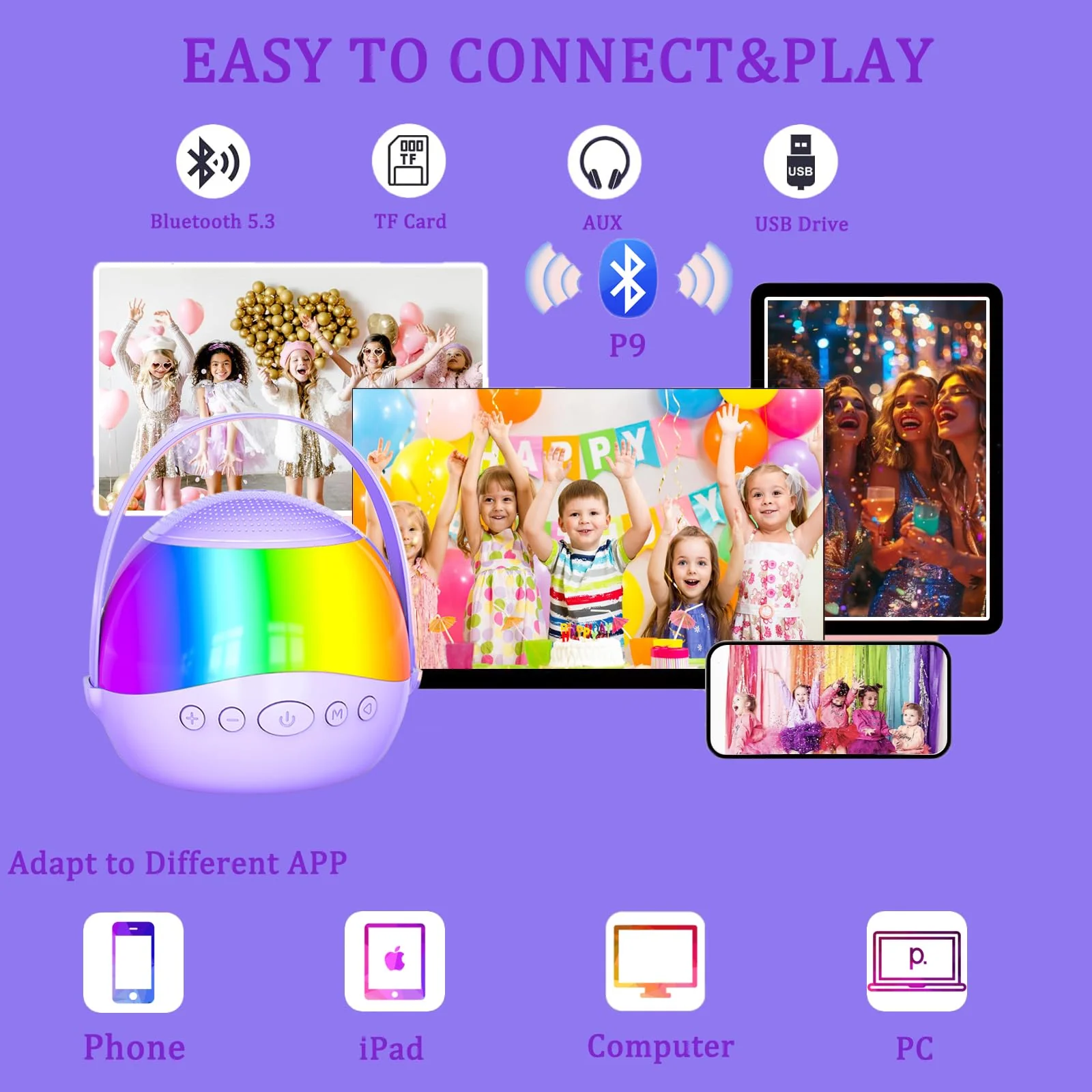 2025 New Mini Karaoke Machine Speaker for Kids Adults,Portable Bluetooth Speaker with 2 Wireless Mics,Colorful LED Lights, Home Travel & Party Play Gifts for Boys Girls (Purple) Purple - Image 2