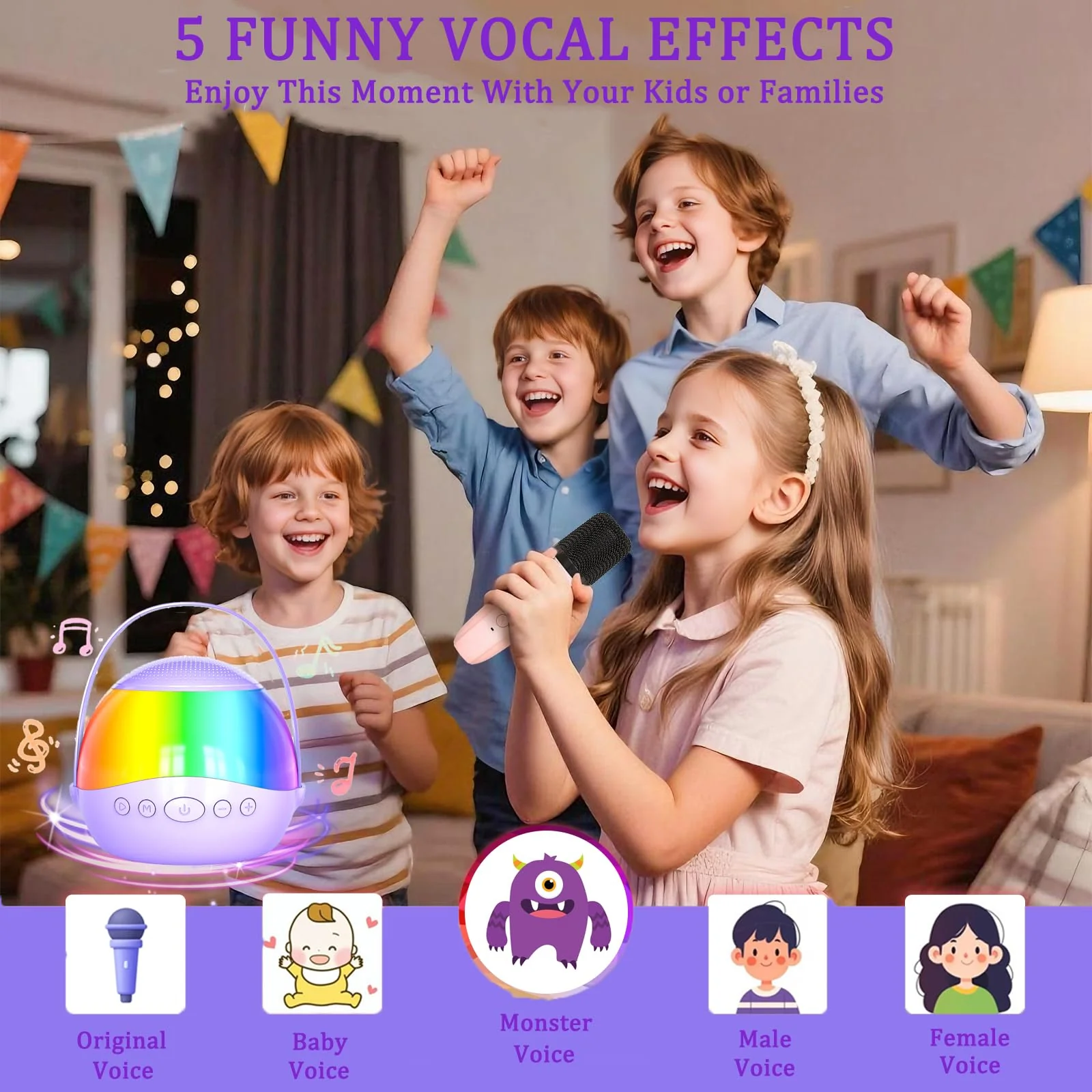 2025 New Mini Karaoke Machine Speaker for Kids Adults,Portable Bluetooth Speaker with 2 Wireless Mics,Colorful LED Lights, Home Travel & Party Play Gifts for Boys Girls (Purple) Purple - Image 3