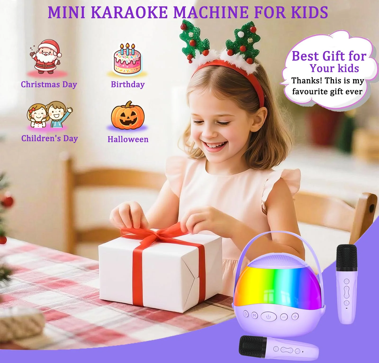 2025 New Mini Karaoke Machine Speaker for Kids Adults,Portable Bluetooth Speaker with 2 Wireless Mics,Colorful LED Lights, Home Travel & Party Play Gifts for Boys Girls (Purple) Purple - Image 7