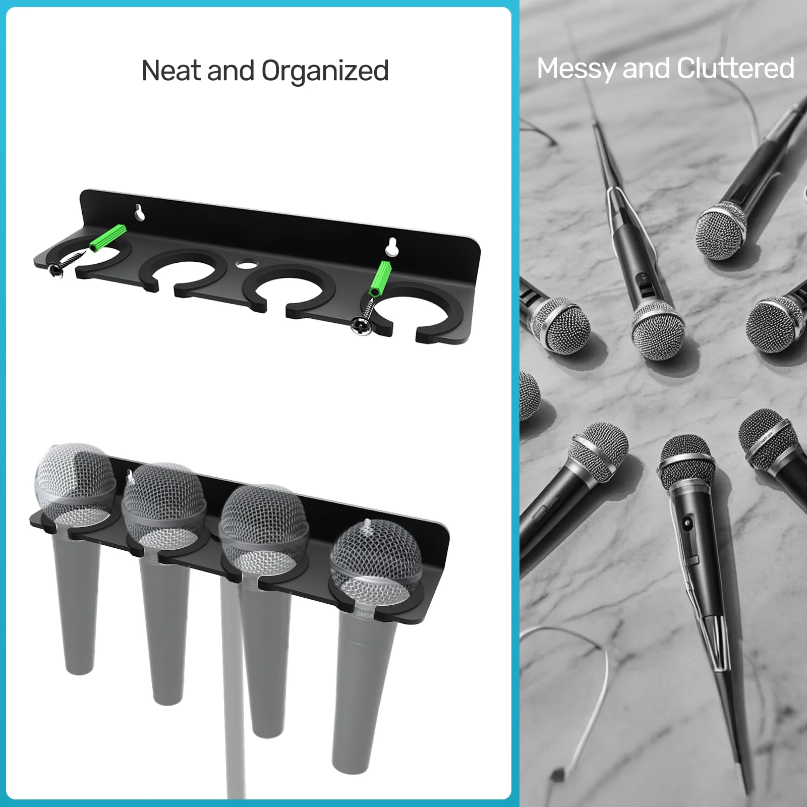 2025 Upgrade Multi Microphone Holder for Mic Stand Storage Organizer for Handheld Dynamic Wired and Wireless Mics Wall Mount or Rubber Padding to 5/8"-27 or 3/8"-16 Threaded - Up to 4 Mics Mic UP to 4 - Black - Image 3