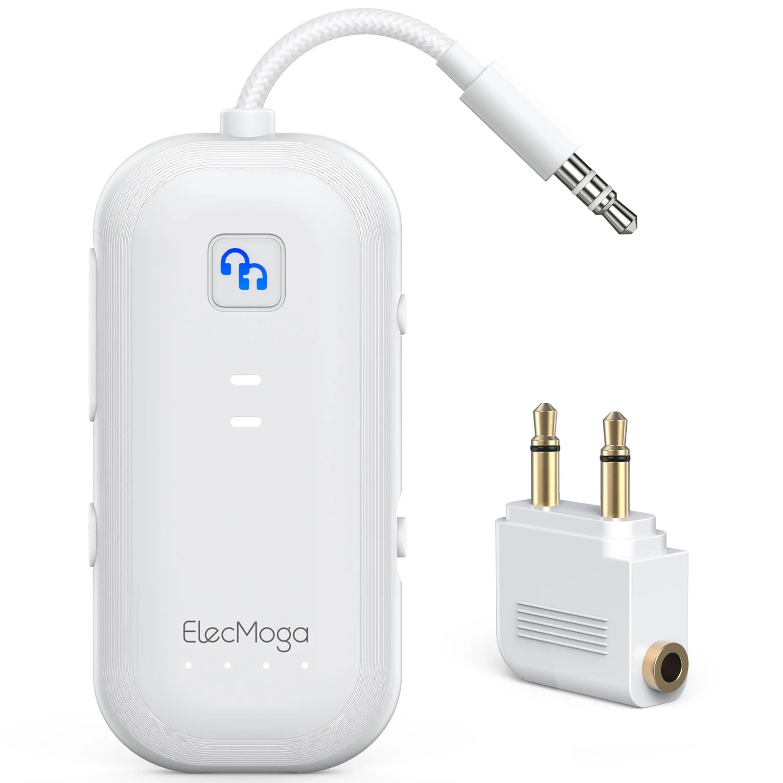 2025 Upgraded Airplane Bluetooth 5.4 Transmitter with aptX Adaptive, ElecMoga Airplane Travel Essentials Supports 2 AirPods or Headphones, 2-in-1 AUX Wireless Transmitter Receiver for TV, Car, White Pure White