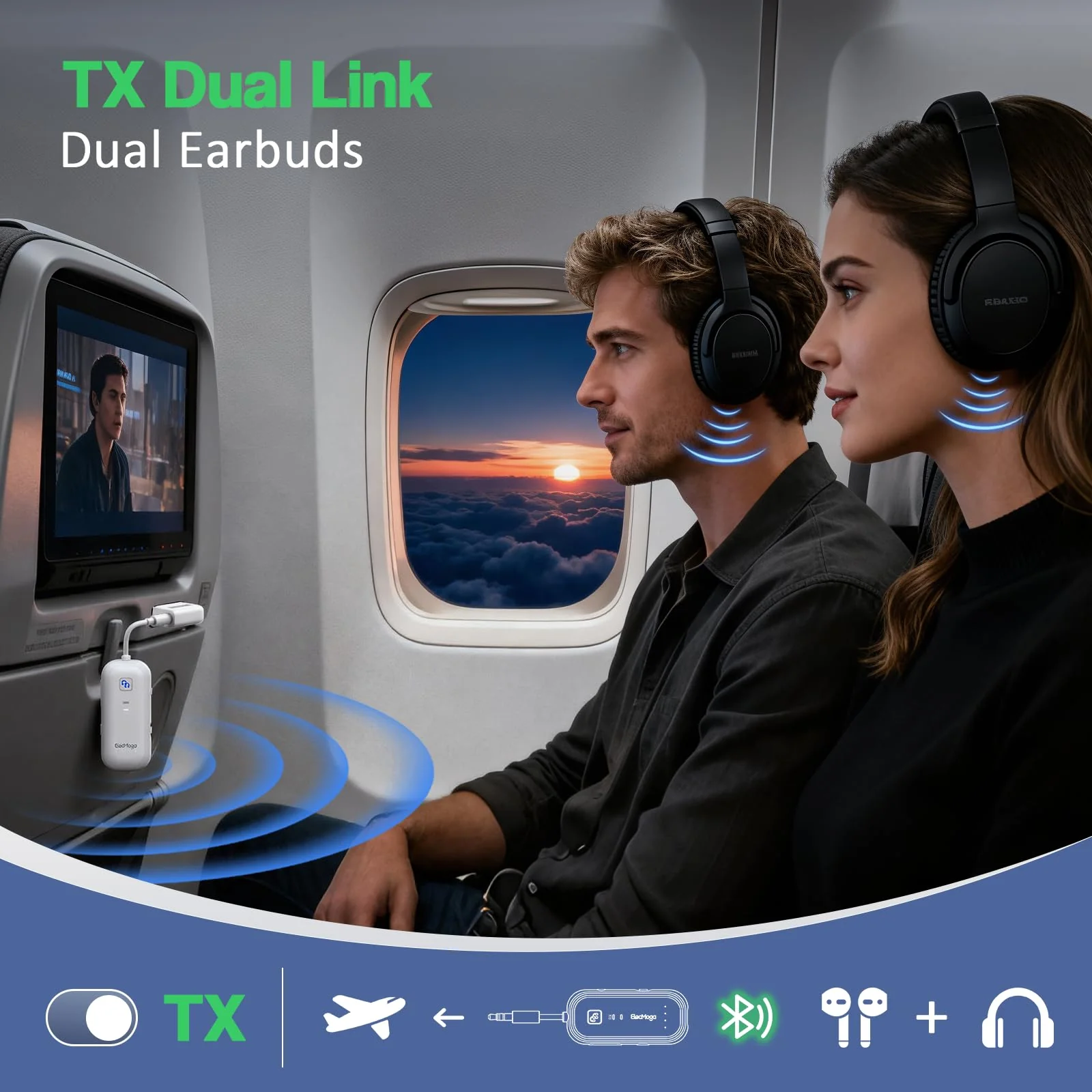 2025 Upgraded Airplane Bluetooth 5.4 Transmitter with aptX Adaptive, ElecMoga Airplane Travel Essentials Supports 2 AirPods or Headphones, 2-in-1 AUX Wireless Transmitter Receiver for TV, Car, White Pure White - Image 2