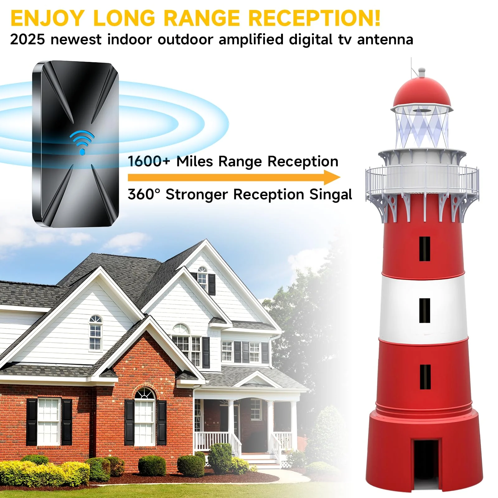 2025 Upgraded TV Antenna Indoor, 1600+ Miles Range Digital Antenna for Smart TV Indoor, HD Antenna for TV Local Channels with Amplifier, Outdoor Antenna Support 8K 4K 1080p All TVs -38FT Coax Cable black - Image 3