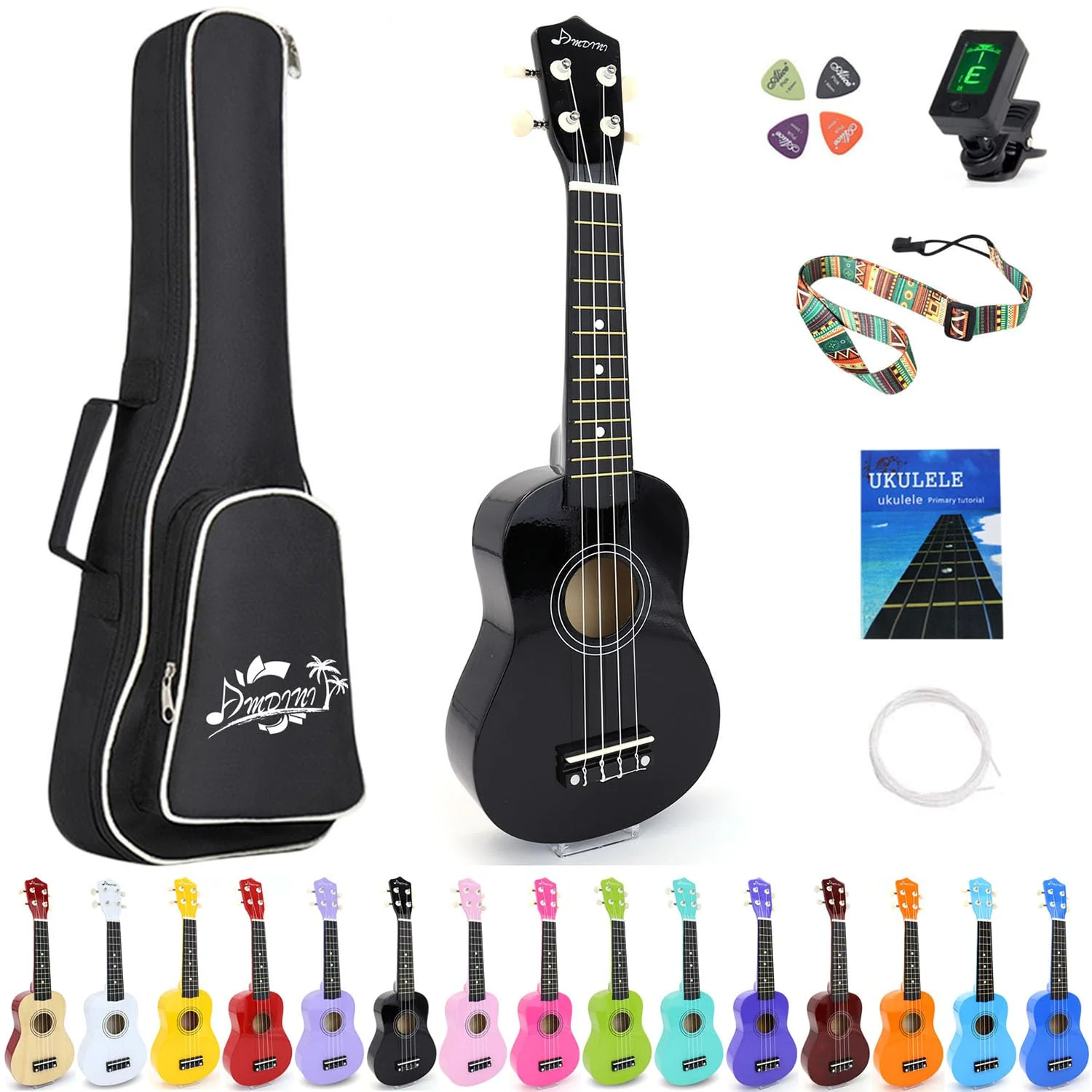 21 inch Soprano Ukulele Basswood Acoustic Mini Guitar for Beginner Starter with Case Strap Tuner Picks Strings Primary Tutorial Black