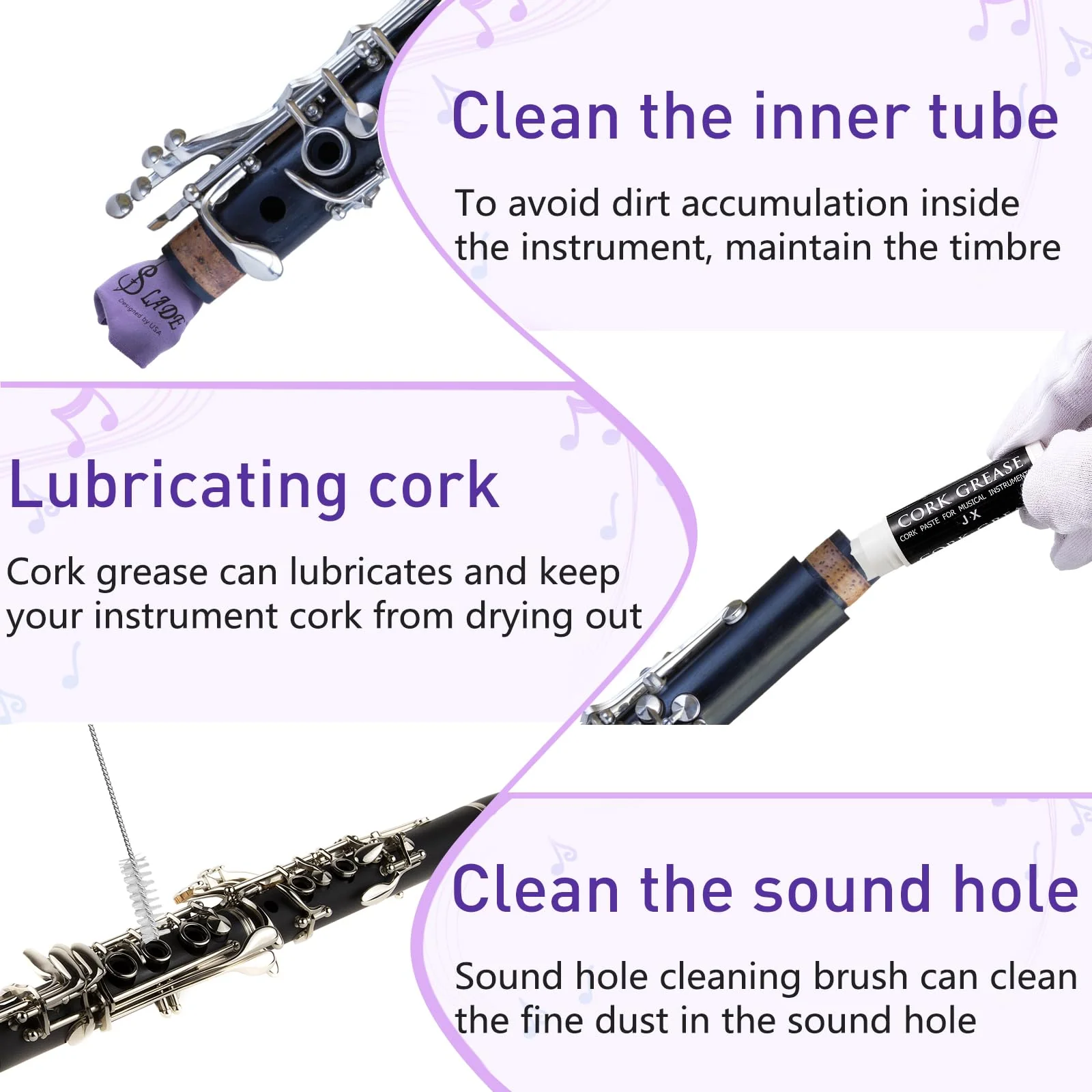 23 Pcs Clarinet Cleaning Kit Clarinet Accessories All in One Clarinet Cleaner Kit with Maintenance Kit Clarinet Swab Clarinet Reeds Cork Grease Thumb Rest for Clarinet Wind Instrument (Purple) Purple - Image 5