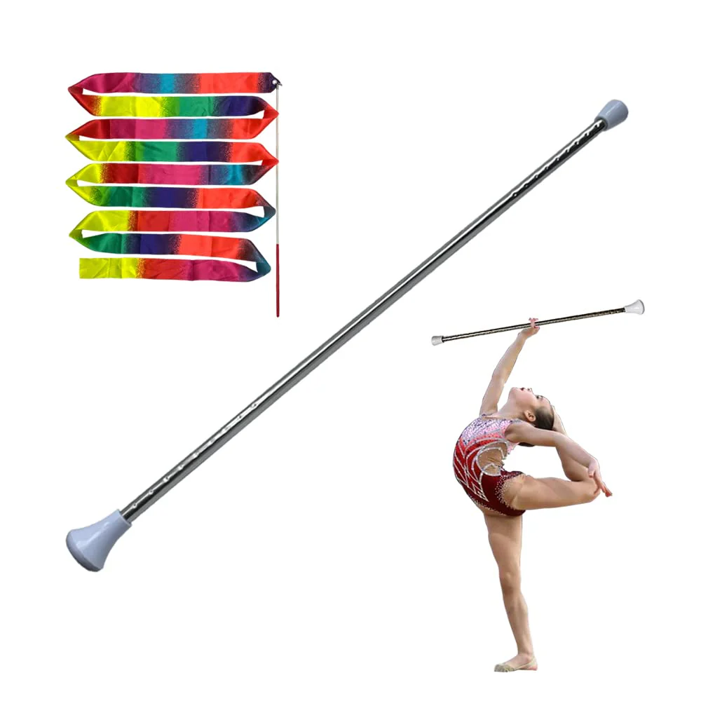 24-Inch Twirling Baton Spinning Dance Baton Metal Rhythmic Gymnastics Conducting Batons for Child in Majorette-Complete with 1 Dance Ribbon Rainbow Streamer (White,1 Pack)