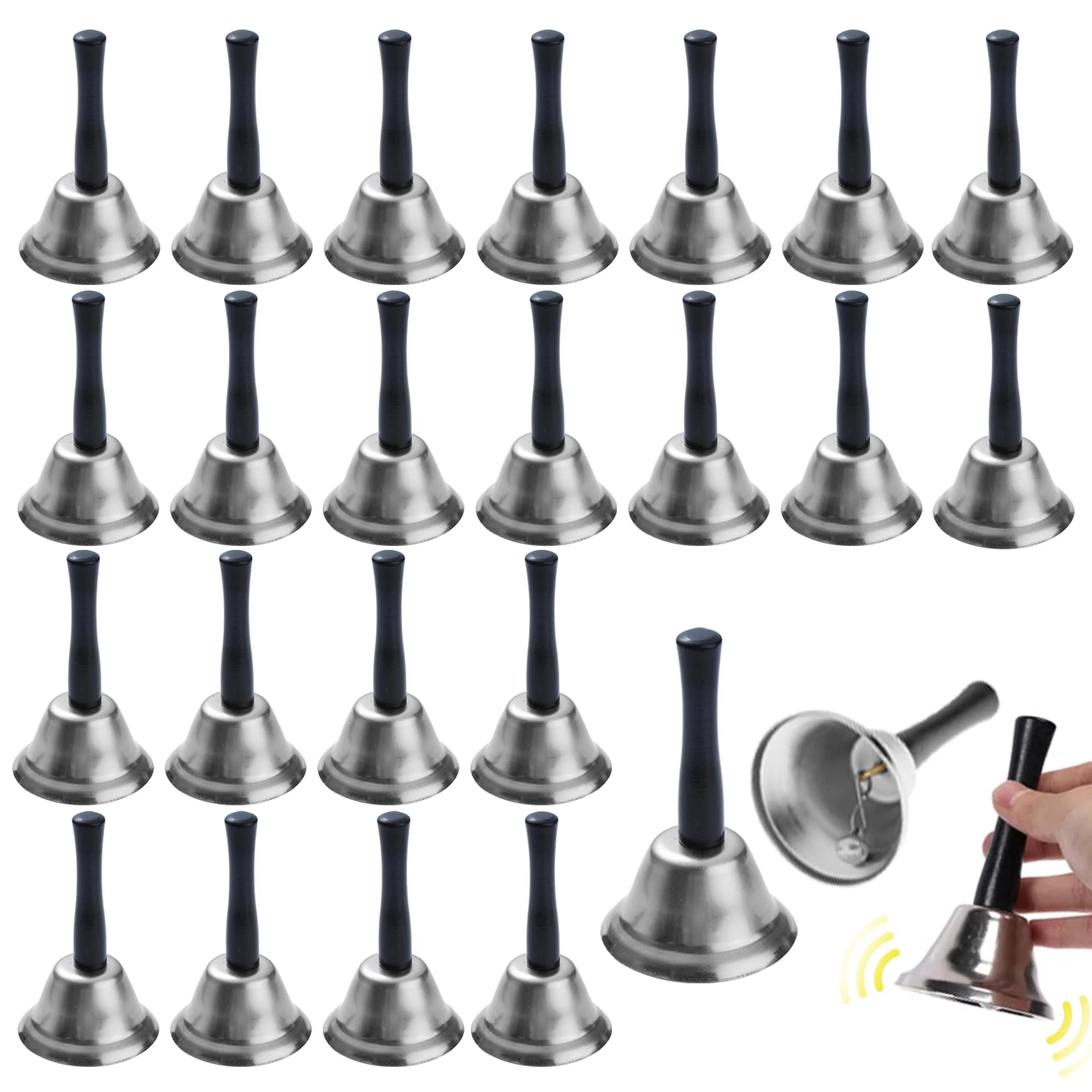 24 Pcs Hand Bells Steel Service Handbells Black Wooden Handle Diatonic Metal Bells Musical Percussion for School Church Wedding Dinner Calling Decor (Silver)