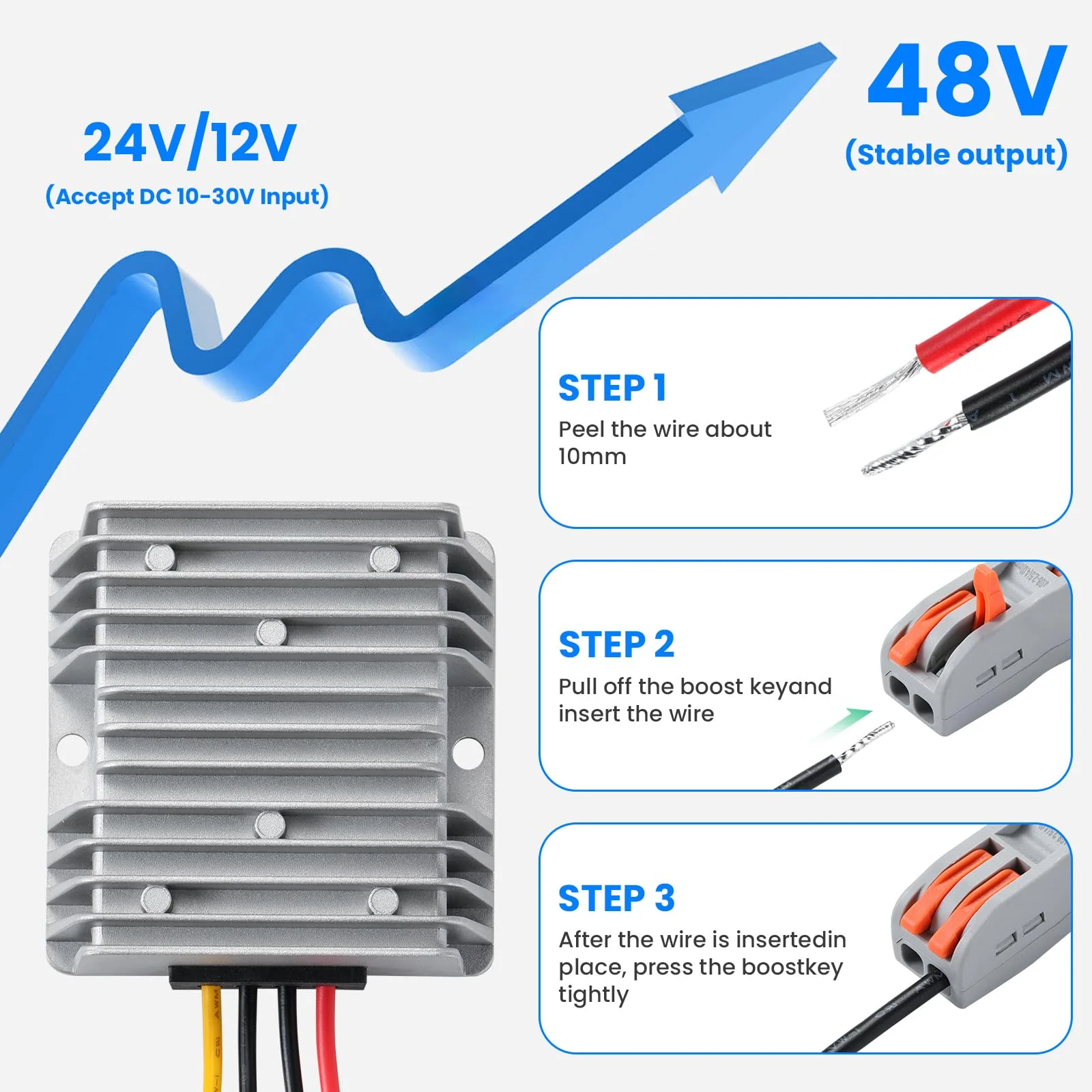 240W DC-DC Boost Converter, 12V/24V to 48V 5A Boost Transformer - Waterproof IP67,Suitable for Golf Carts, Solar Panels, Electric Scooters, Overload/Short Circuit Protection Grey-DC 12V to 48V5A - Image 2