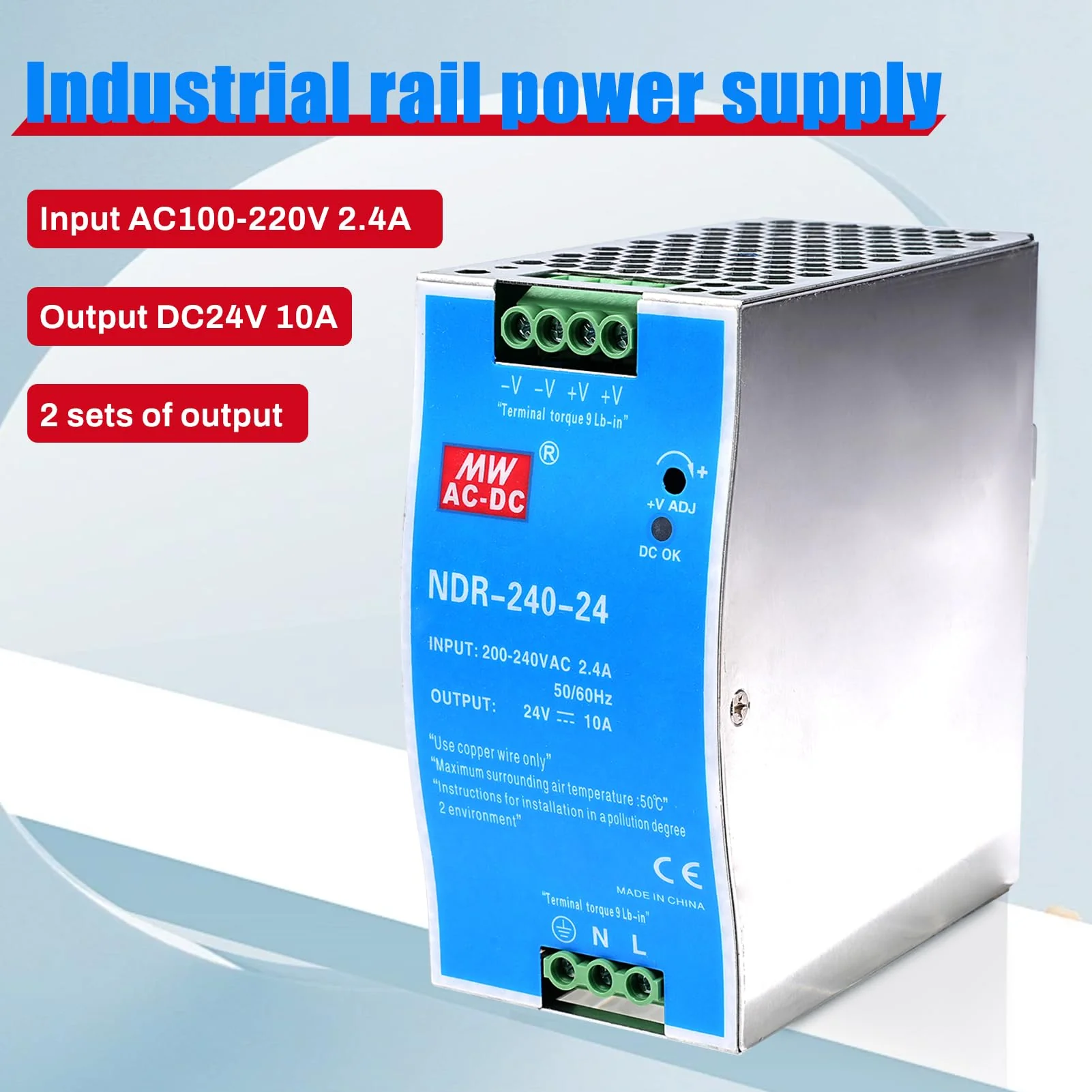 240W DIN Rail Power Supply 24V DIN Rail Switching Power Supply Input AC 100-220V 2.4A Output DC 24V 10A Multiple Protection Functions Industrial Model NDR-240W-24V 240W-10A - Image 3