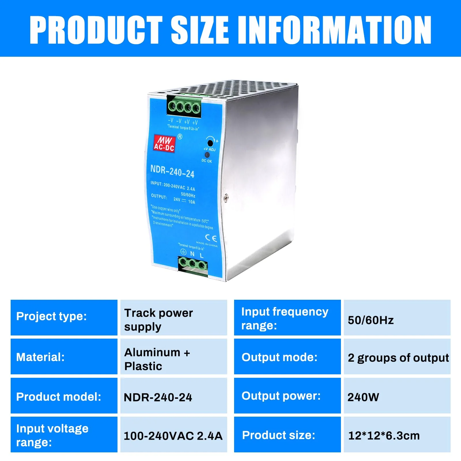 240W DIN Rail Power Supply 24V DIN Rail Switching Power Supply Input AC 100-220V 2.4A Output DC 24V 10A Multiple Protection Functions Industrial Model NDR-240W-24V 240W-10A - Image 4