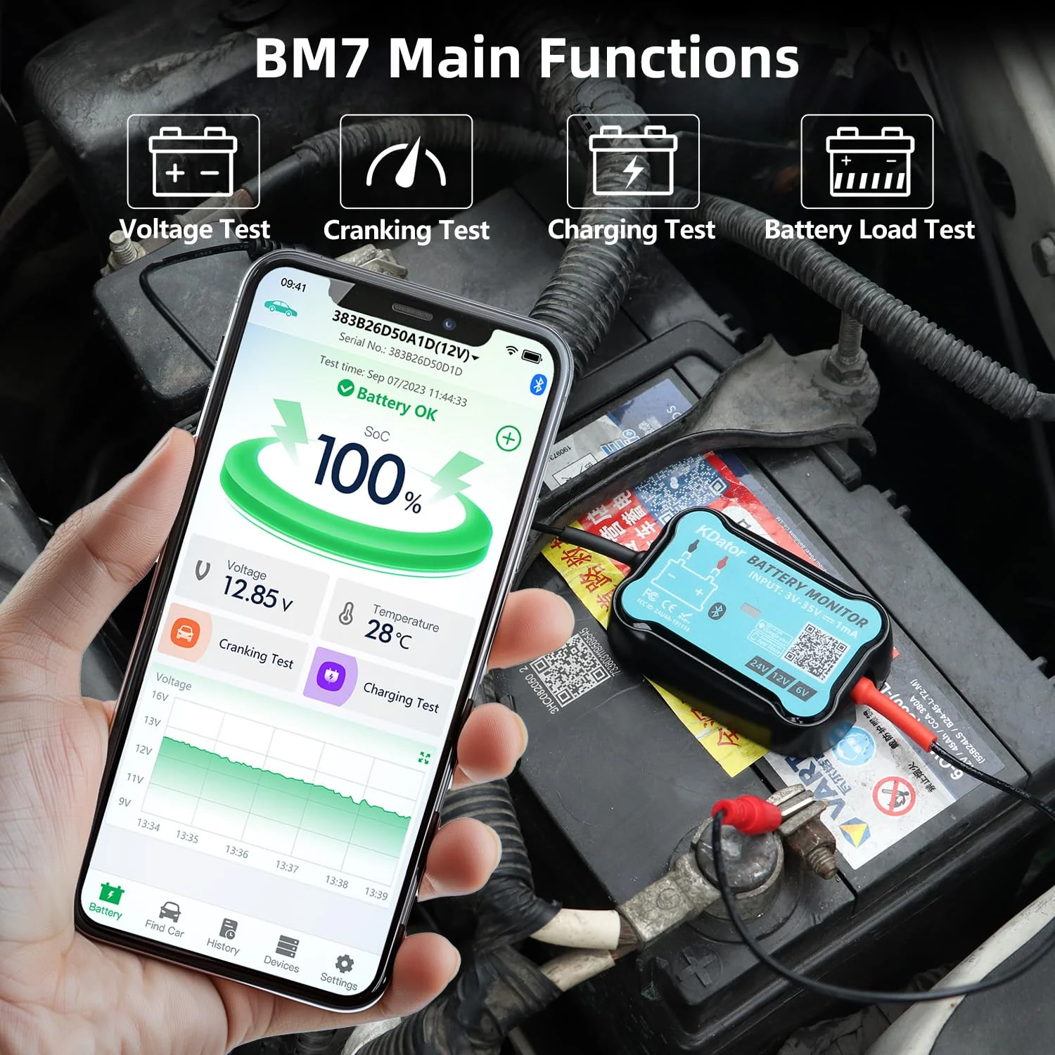 24V 12V 6V Bluetooth Battery Monitor BM7–Work for All Lead-Acid & Lithium Battery with Charging, Cranking System Test & Auto Alarm – Waterproof Voltmeter for Cars, Vans, Trucks, Motorcycles, Boats For 6V-24V Lead-Acid & Lithium Battery - Image 3