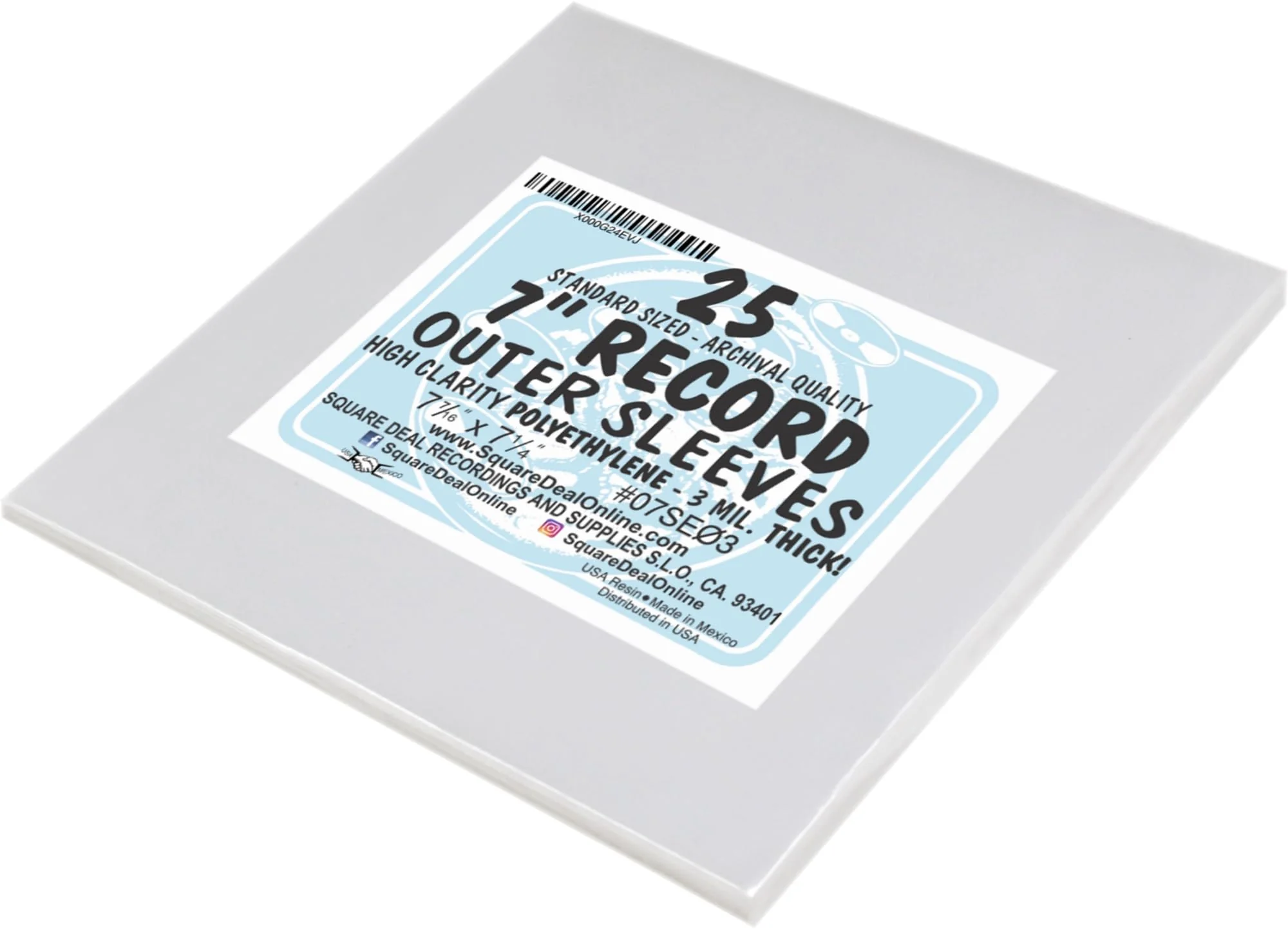 (25) 7" Slim Fit Record Outer Sleeves - 3 Mil Thick Polyethylene - 7 7/16" x 7 1/4" #07SE03