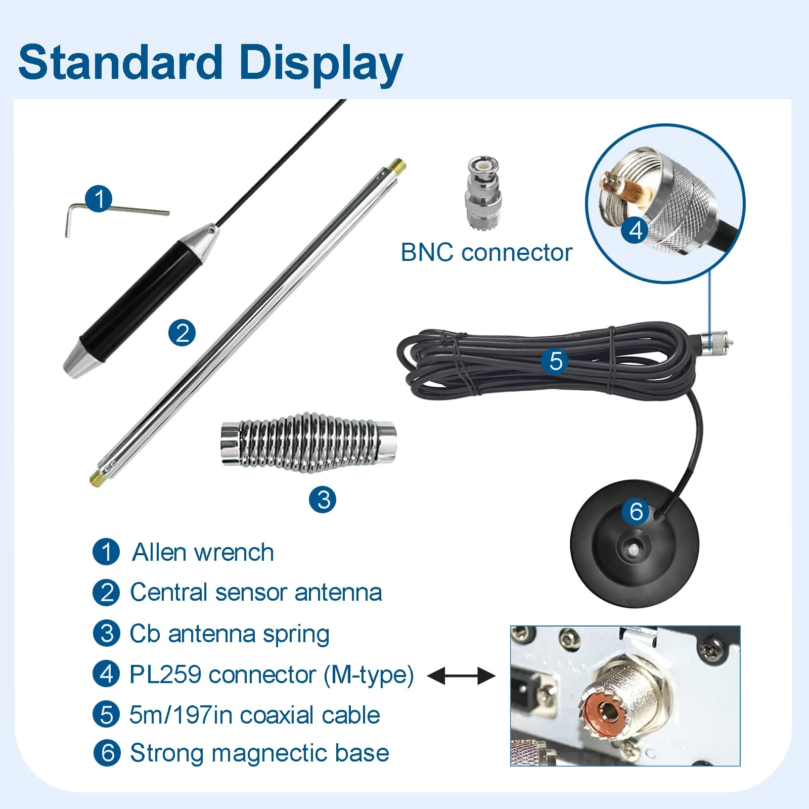 27MHz CB Radio Antenna Full Kit Heavy Duty Magnetic Mount PL259 & BNC Male Connector Car Truck Mobile Base Station Antenna, Compatible with President Midland Cobra Uniden Radio - Image 3