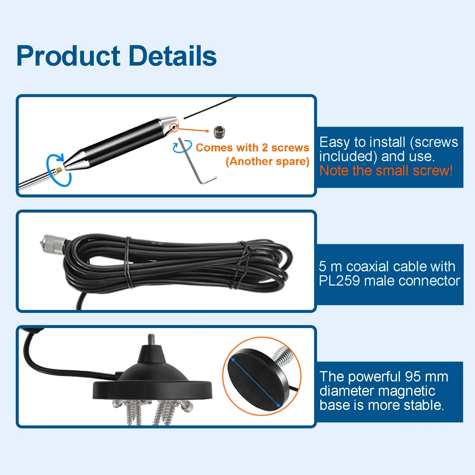 27MHz CB Radio Antenna Full Kit Heavy Duty Magnetic Mount PL259 & BNC Male Connector Car Truck Mobile Base Station Antenna, Compatible with President Midland Cobra Uniden Radio - Image 4