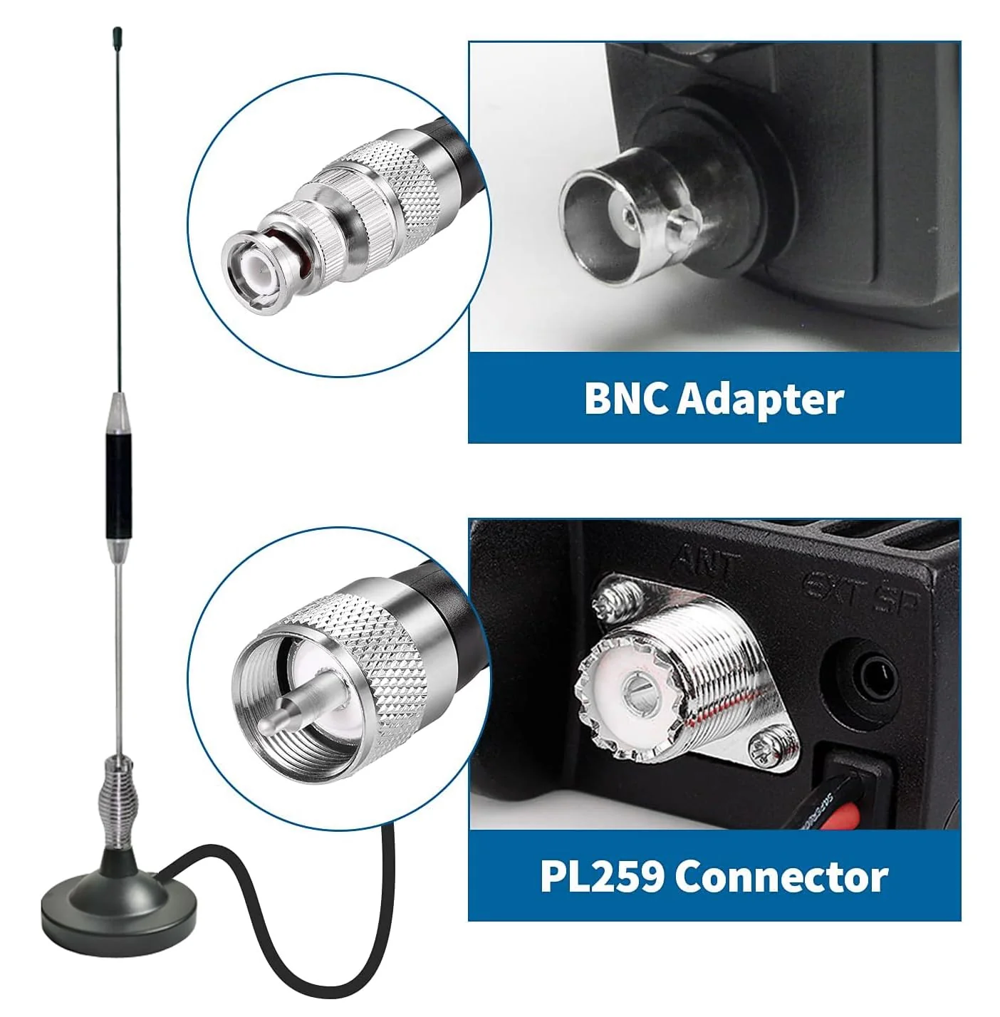 27MHz CB Radio Antenna Full Kit Heavy Duty Magnetic Mount PL259 & BNC Male Connector Car Truck Mobile Base Station Antenna, Compatible with President Midland Cobra Uniden Radio - Image 5