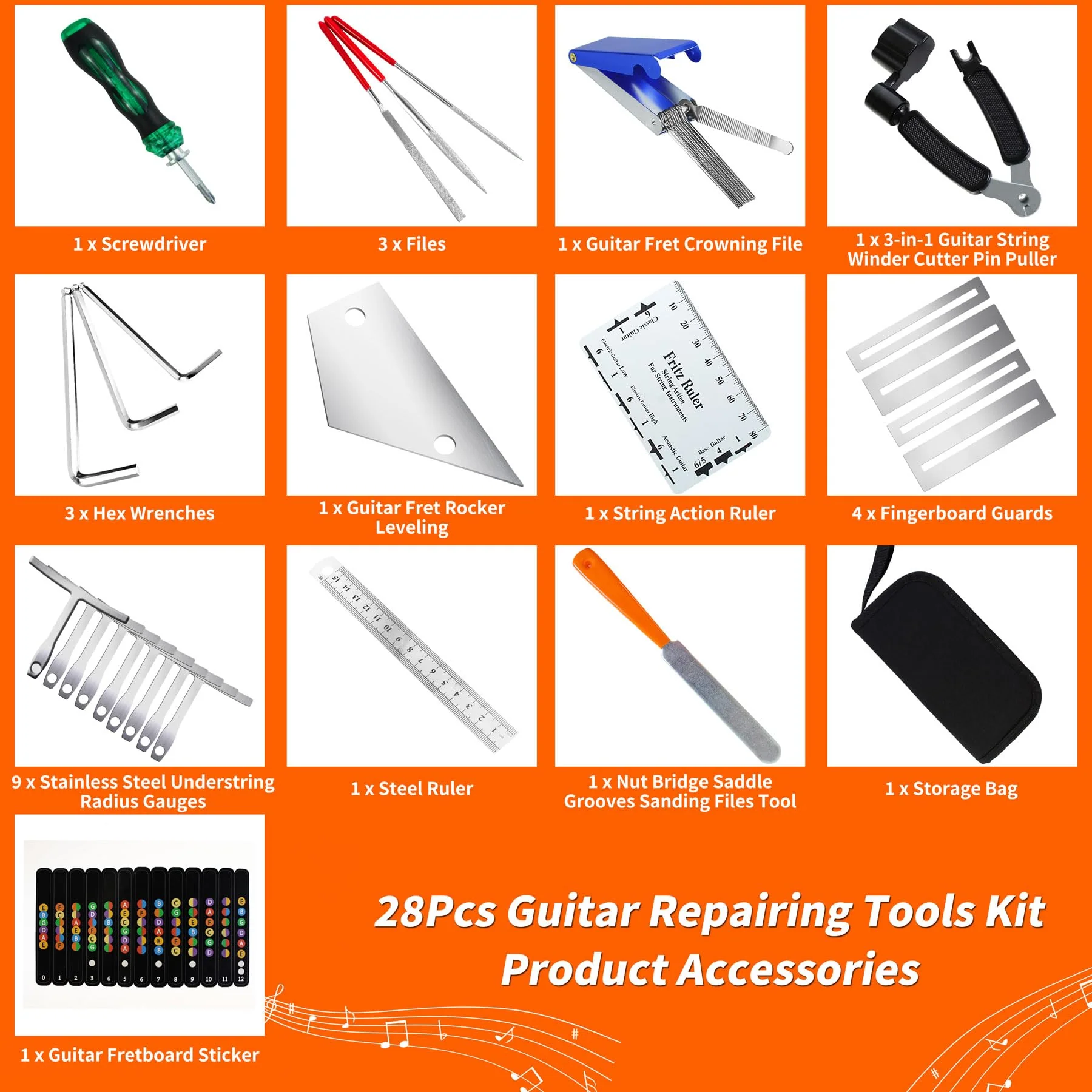 28Pcs Guitar Tool Kit, Guitar Accessories Gifts for Men, Guitar Maintenance Kit with Carry Bag, Guitar Repair Kit for Acoustic Electric Guitar Ukulele Bass Banjo, TIMDAM Guitar Setup Kit Guitar Gifts 28 Pcs - Image 2