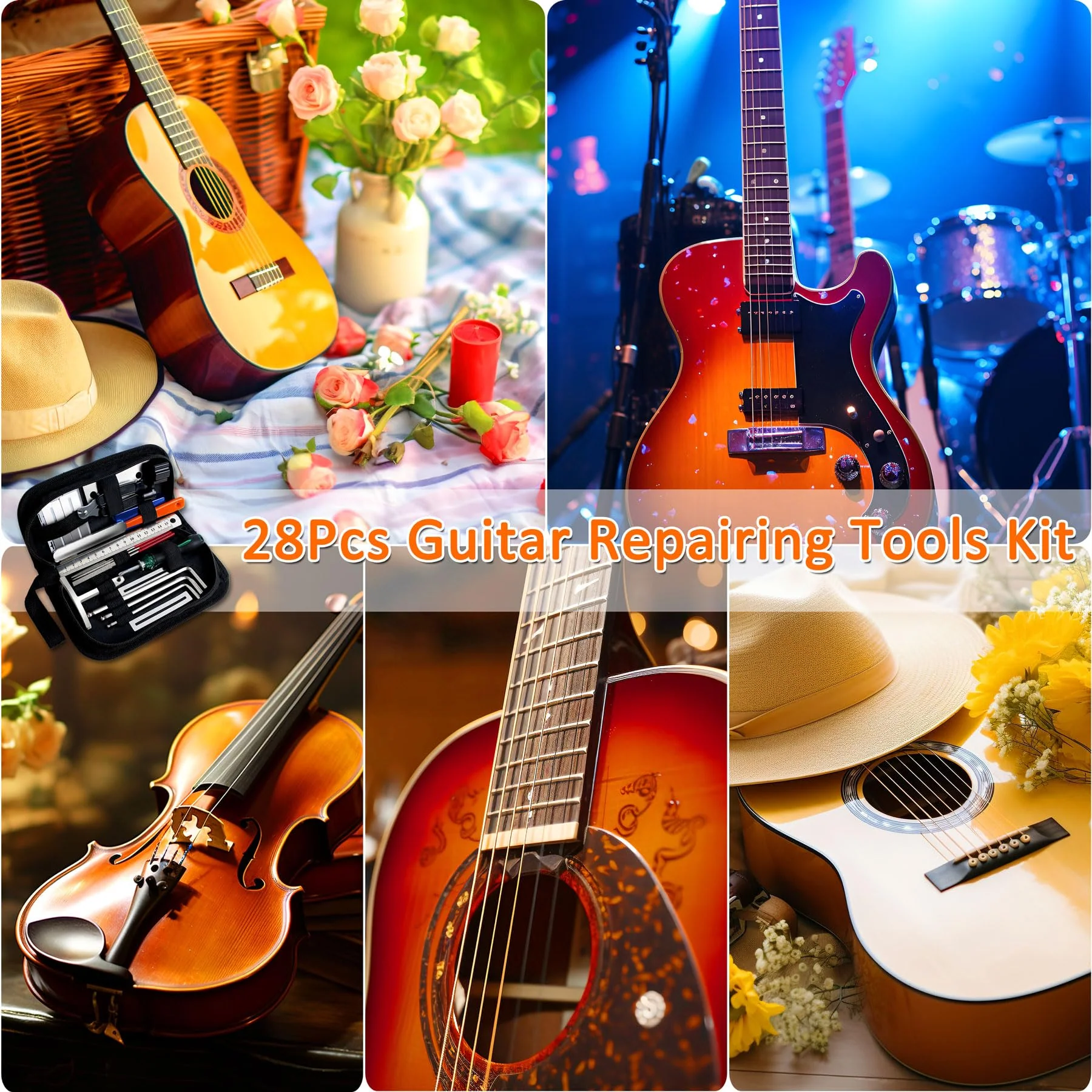 28Pcs Guitar Tool Kit, Guitar Accessories Gifts for Men, Guitar Maintenance Kit with Carry Bag, Guitar Repair Kit for Acoustic Electric Guitar Ukulele Bass Banjo, TIMDAM Guitar Setup Kit Guitar Gifts 28 Pcs - Image 6
