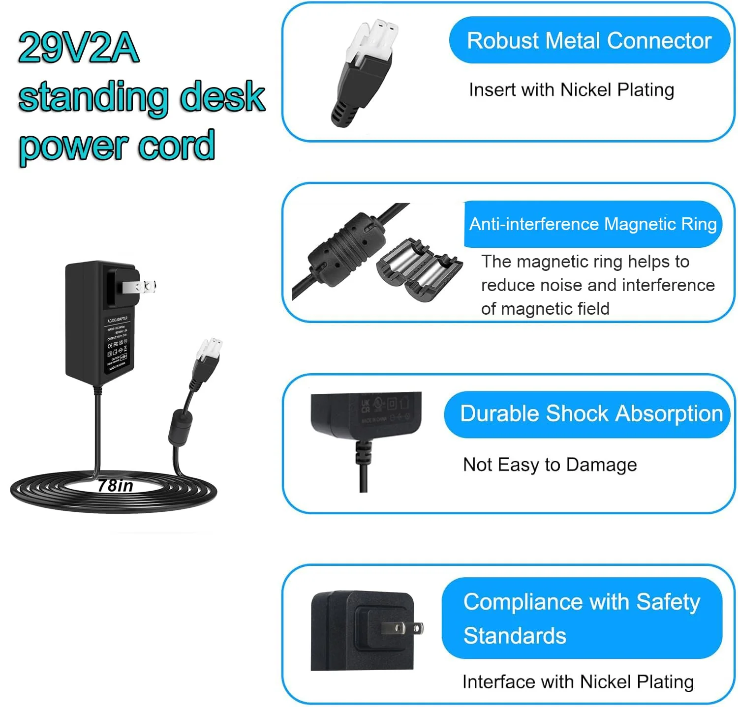29V Adjustable Desk Power Cord Compatible with Claiks P1.01.001 P101001 40" 48" 55" 63" Inches Electric Standing Desk Adjustable Height Stand up Desk YH-K290018-C Power Supply Charger Replacement - Image 4
