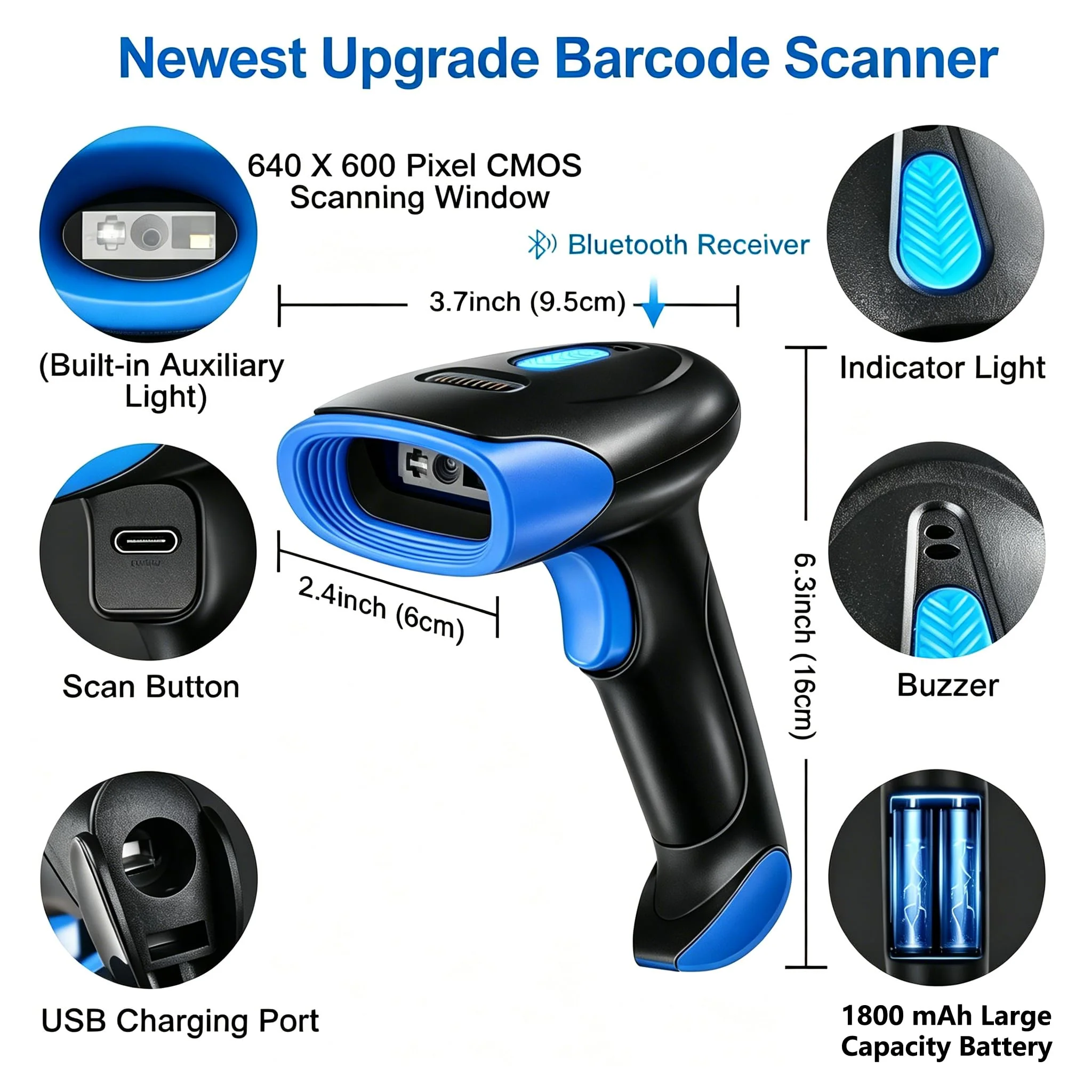 2D Bluetooth Wireless Scanner, QR 1D Bar Code Scanners Handheld Barcode Reader with Updated 640 X 480 Pixel CMOS, Plug & Play USB Barcode Scanner for iPhone, Android, iPad, Tablet, PC Computers 1D 2D USB Wired +2.4 G Wireless +Bluetooth (3 in 1 ) - Image 2