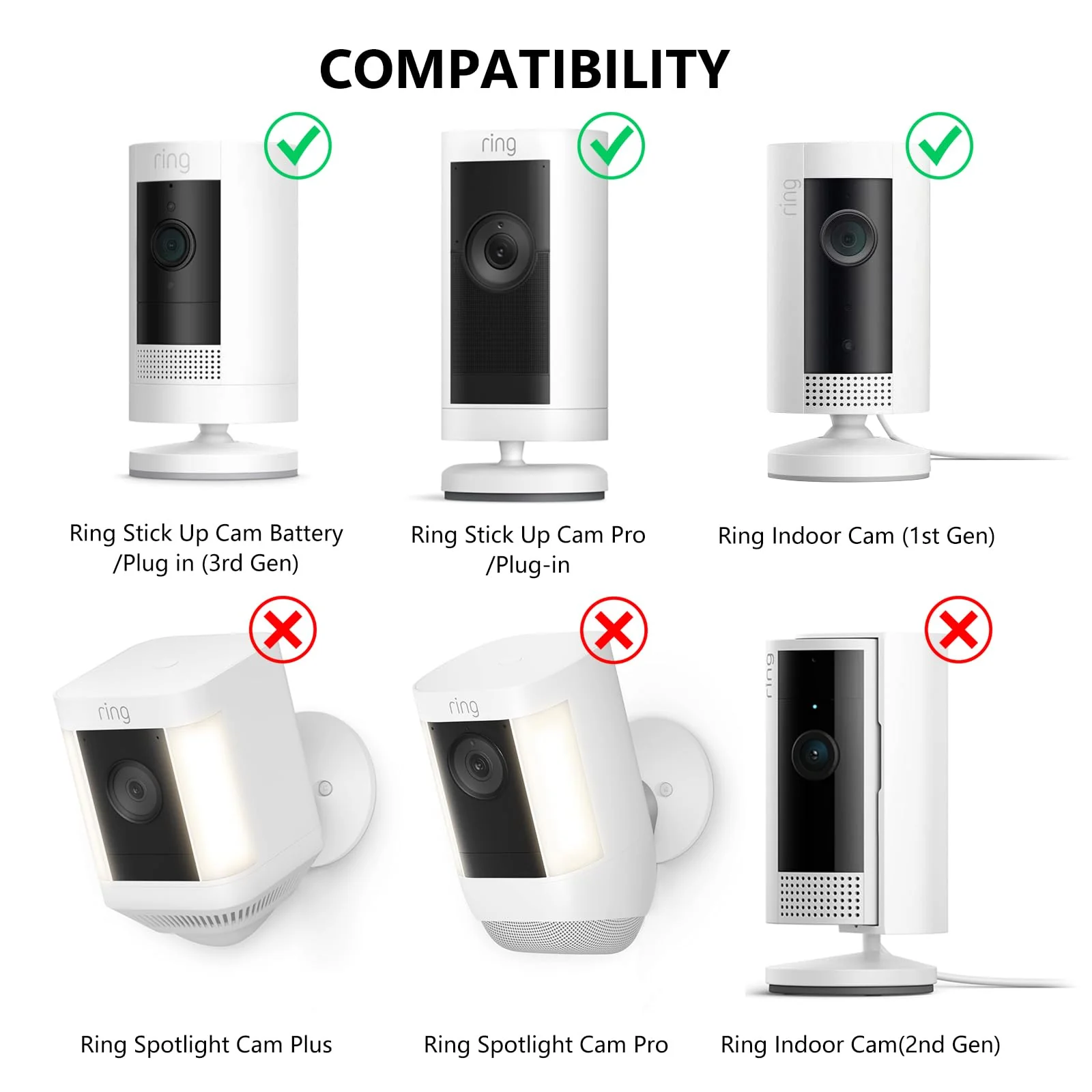 2Pack Security Wall Mount for Ring Stick Up Cam Battery/Plug-in 3rd Gen/Stick Up Camera Pro Battery/Ring Indoor Cam(1st Gen), Adjustable Ring Outdoor Indoor Camera Mount with Two Installation Ways White - Image 2