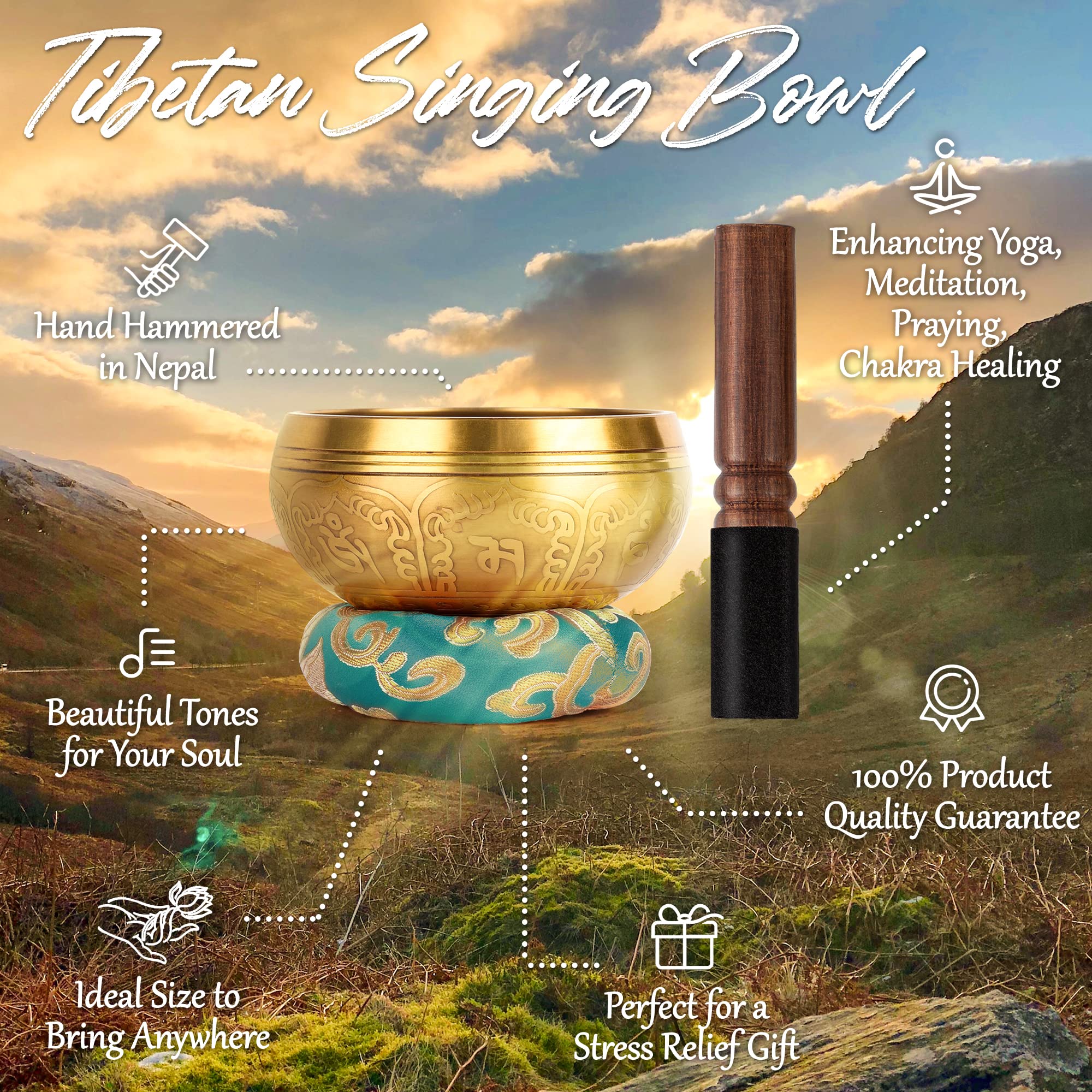 2Pack Tibetan Singing Bowls Set-100% Handmade in Nepal Sound Bowl Meditation Set for Meditation, Yoga, Chakra, Meditation Gifts, Unique Gifts for Women (Blue, 3.15 + 4 inch) Blue - Image 3