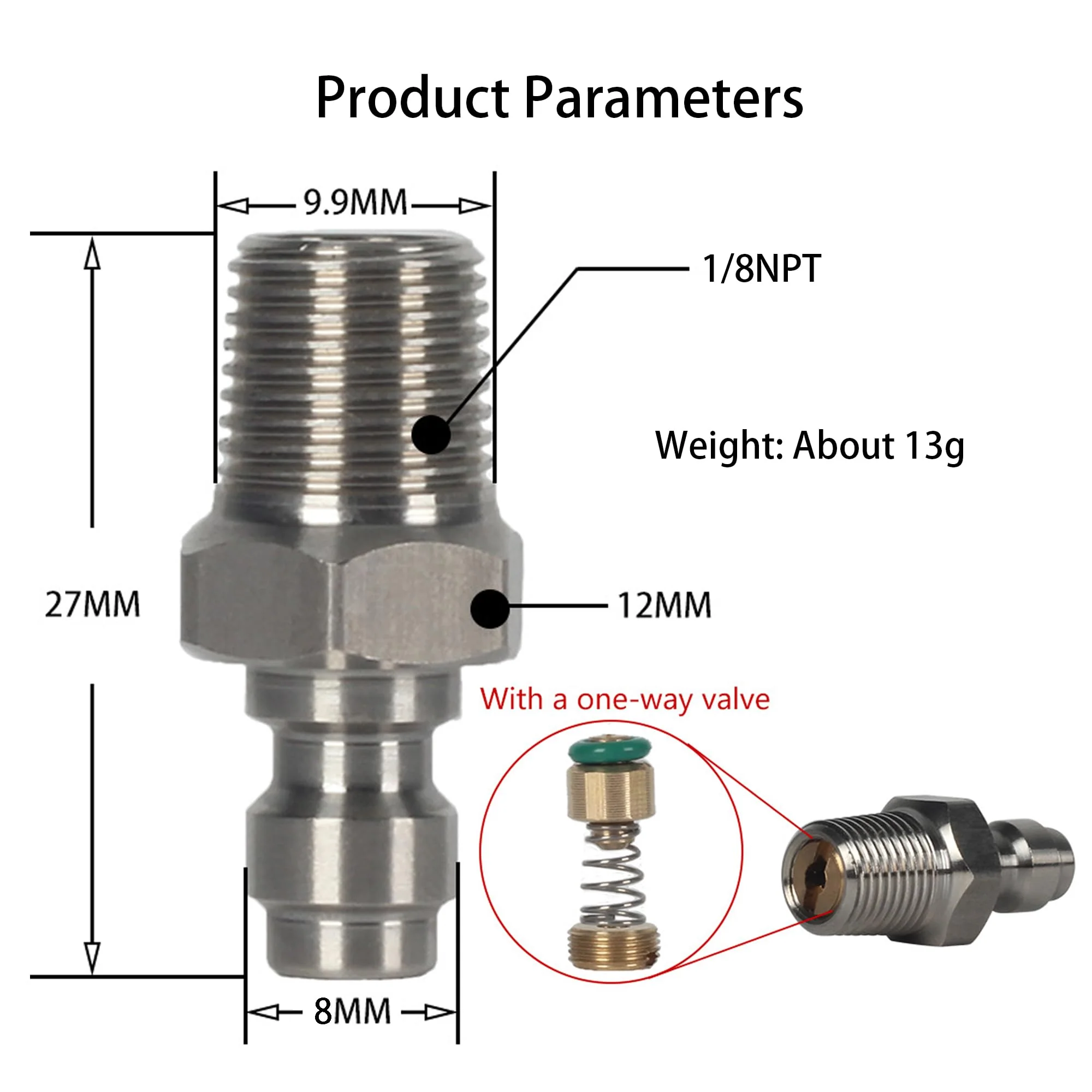 2PCS 8mm Quick-Disconnect Plug Adapter, Stainless Steel 1/8" NPT Male Thread PCP Paintball Charging Fittings with Sealing O-Ring 1/8 NPT - 2-Pack - Image 2