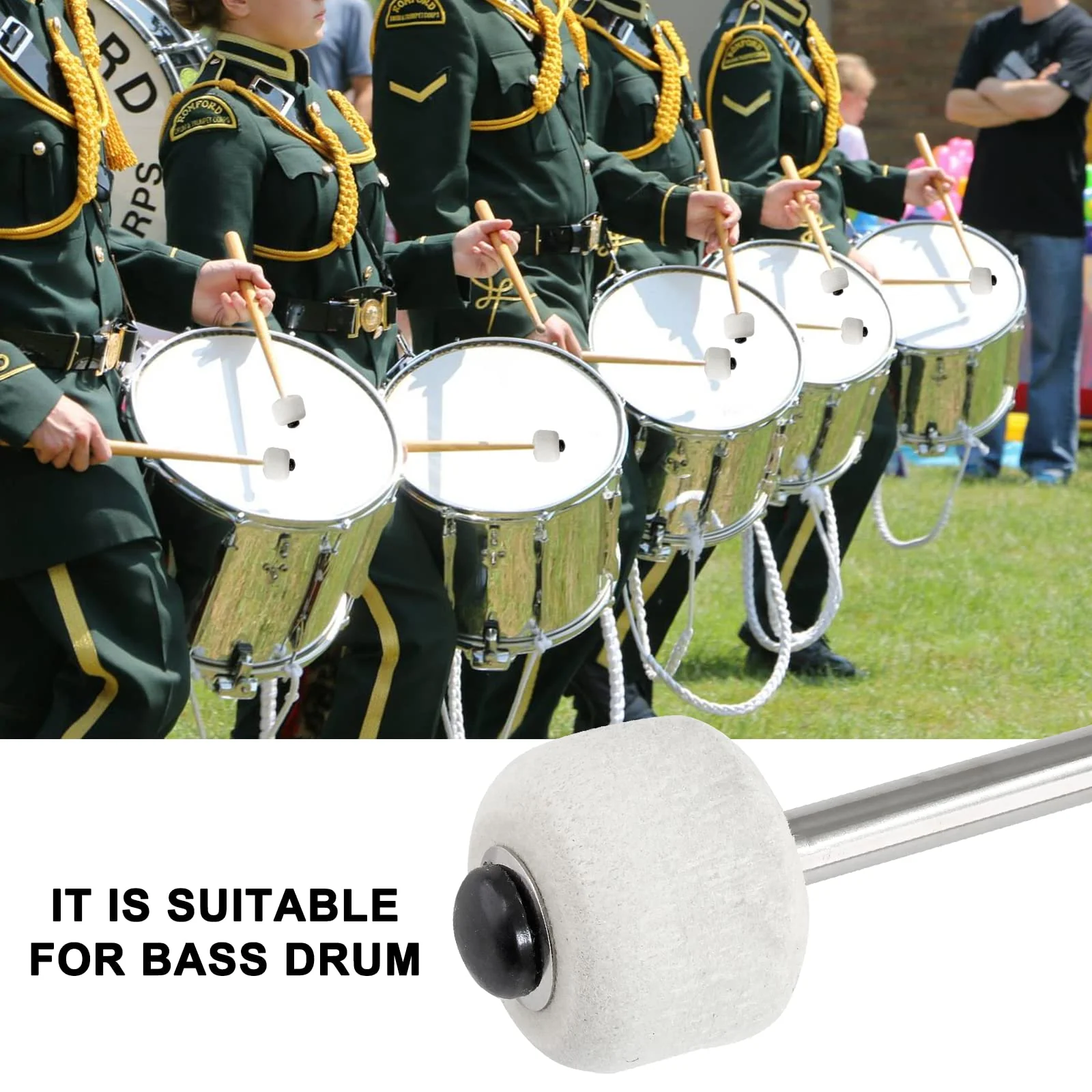 2Pcs Bass Drum Mallet, 12.6 Inch Wool Felt Head Drum Mallet Stick Anti-slip Bass Percussion Sticks Instrument Band Accessory for Drums Snare Drums (Stainless Steel) Black Handle Cover - Image 5