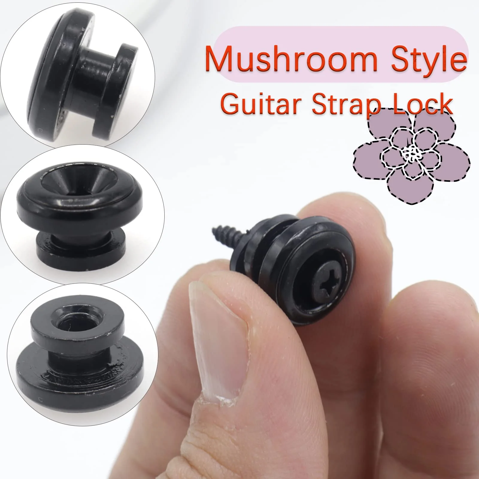 2pcs Black Metal Guitar Strap Locks, Mushroom Style Guitar Strap Lock Buttons, Electric Guitar Strap Locks, Mushrooms Head Guitar Strap Button for Guitar Bass Ukulele - Image 2