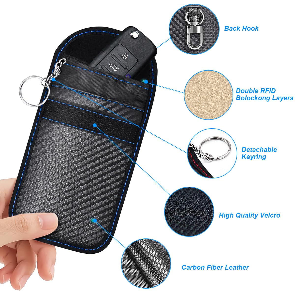 2PCS Car Faraday Bags for Key Fob, Carbon Firber Vehicle RFID Signal Blocking Key Fob Protector, Anti-Theft Auto Key Signal Shielding Protective Pouch, Universal for SUV, Sedan, Truck (Blue) Blue - Image 3