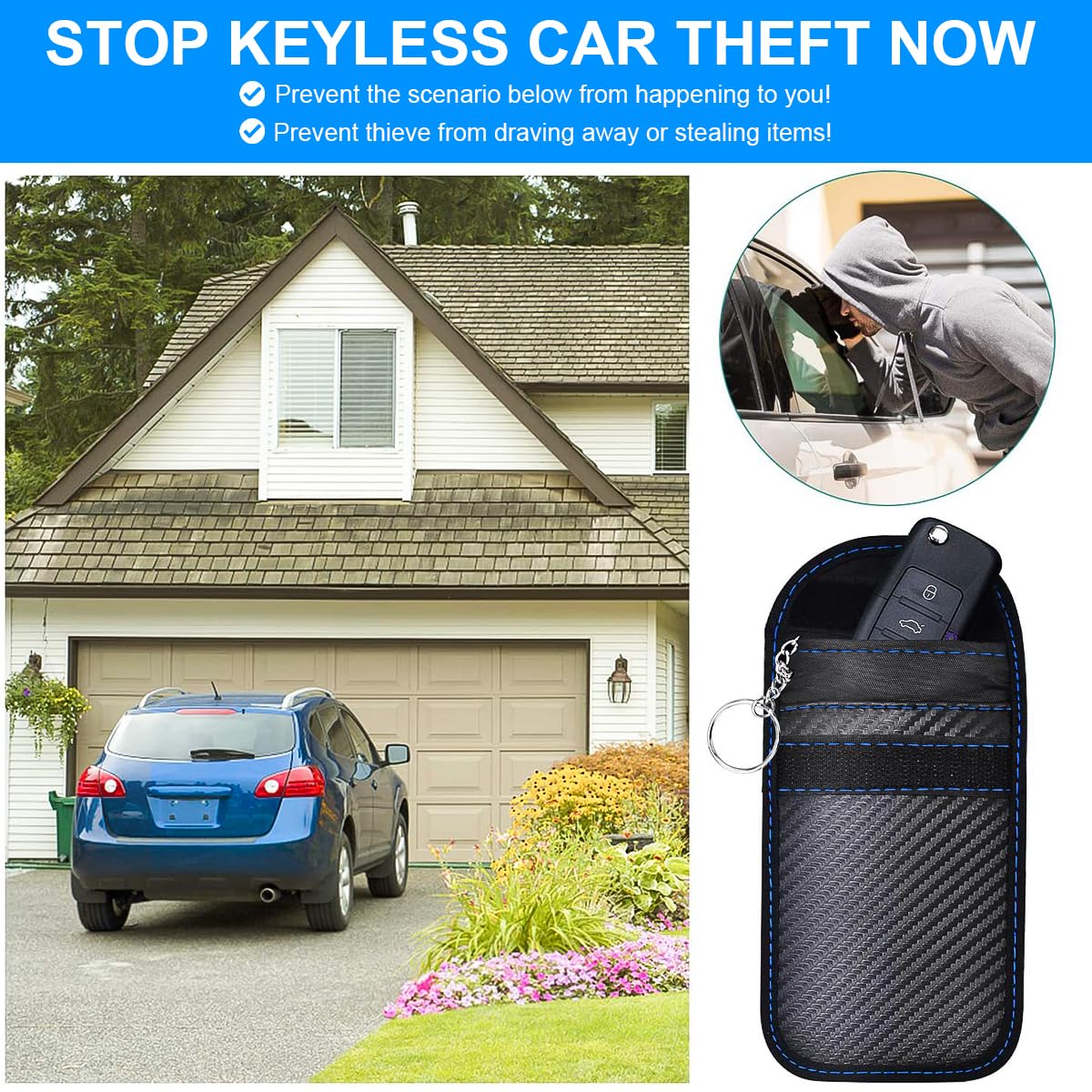2PCS Car Faraday Bags for Key Fob, Carbon Firber Vehicle RFID Signal Blocking Key Fob Protector, Anti-Theft Auto Key Signal Shielding Protective Pouch, Universal for SUV, Sedan, Truck (Blue) Blue - Image 5