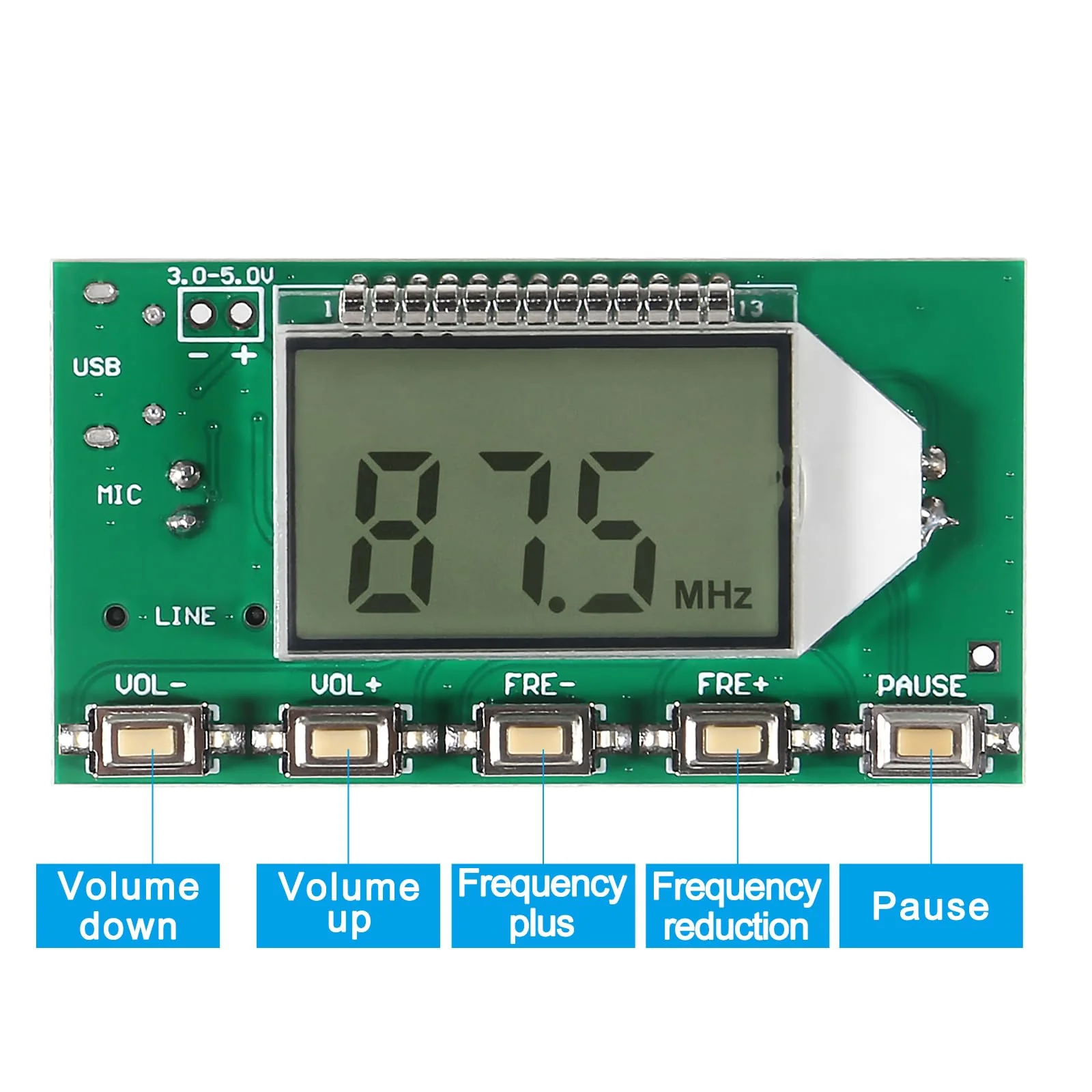 2pcs DC 3V-5V FM Transmitter Module Stereo FM Transmitter DSP PLL 87-108MHz Stereo Digital Wireless Microphone Board Multi-Function Frequency Modulation with LCD Display Line/USB/Mic Input Pushbutton Edition - Image 5