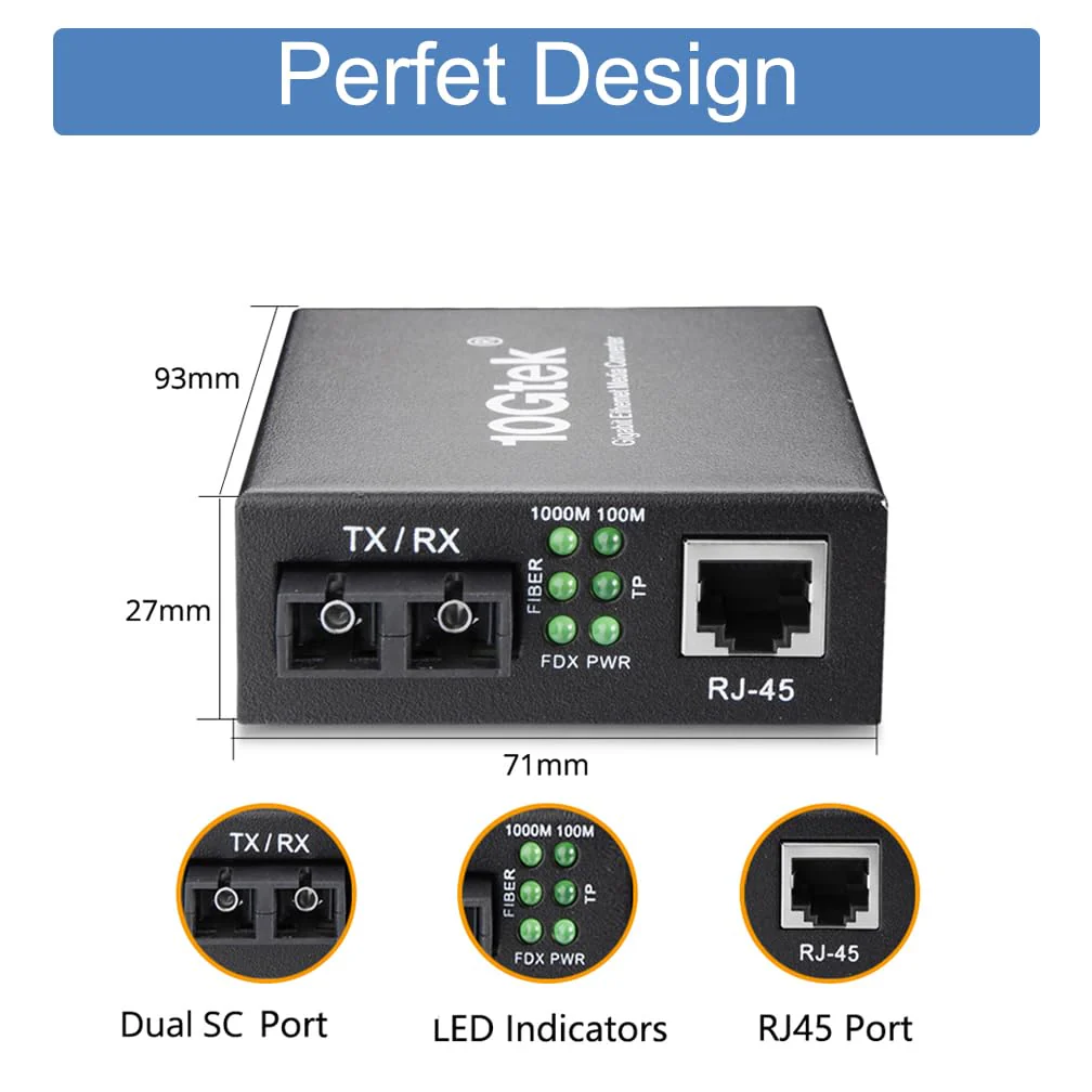2PCS Gigabit SC to RJ45 Fiber Media Converter, Single Mode to Ethernet Converter 10/100/1000Mbps RJ45 Port to 1000Mbps Single Mode Dual SC Port, SMF, 1310nm, up to 20km, Auto-Negotiation X2 SMF,SC,20km - Image 5