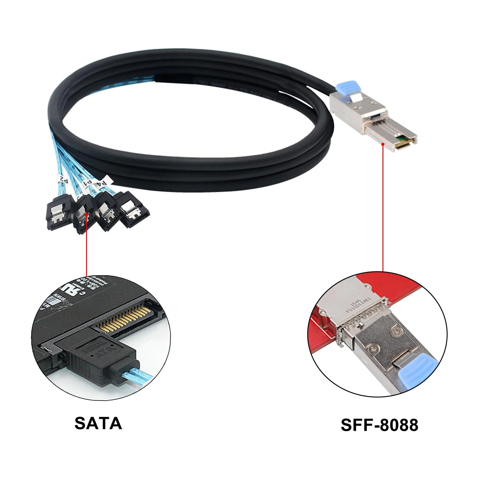2PCS Mini SAS 26P SFF 8088 Male to 4 SATA 7Pin Female 1M 3.3FTCable with Latch,Mini SAS Host/Controller to 4 SATA Target/Backplane 3.3ft/2 PACK SFF-8088 to 4SATA - Image 2