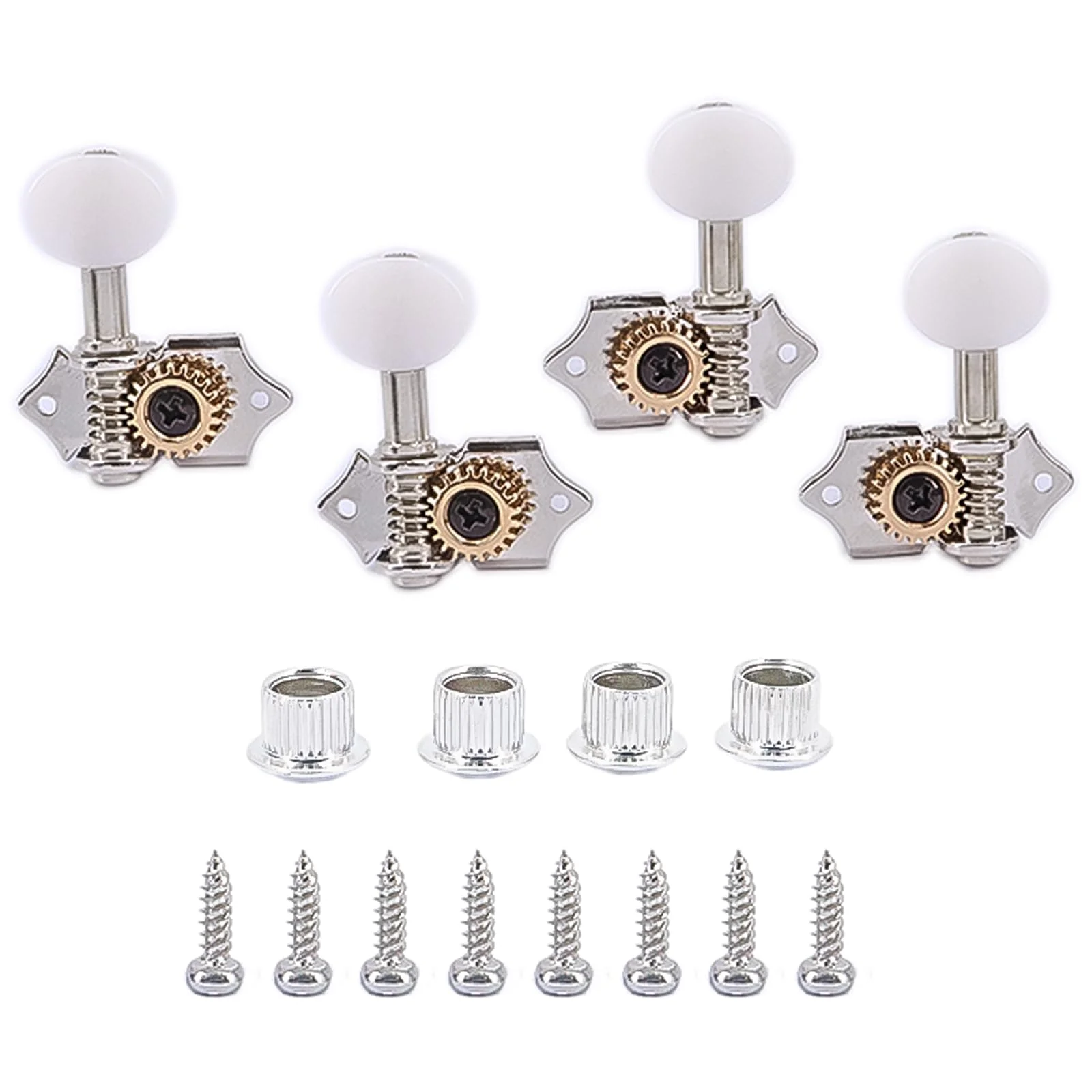 2R2L White-Plated Guitar Tuning Peg Machine Head Tuners For 4 String Ukulele Guitar Bass-Gear Ratio 1:19 Bass Tuning Key Pegs Machine Head Replacement(GC510) GC510