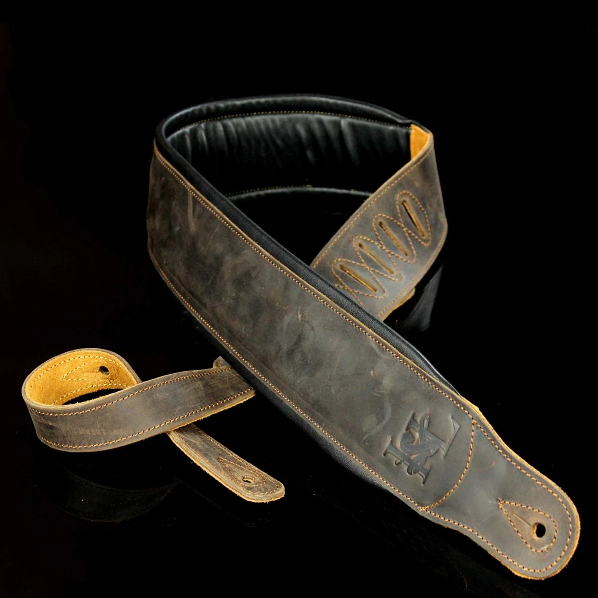 3.25" Wide Lightly Distressed Dark Brown Dual Padded Leather Guitar and Bass Strap IL-5DBrn