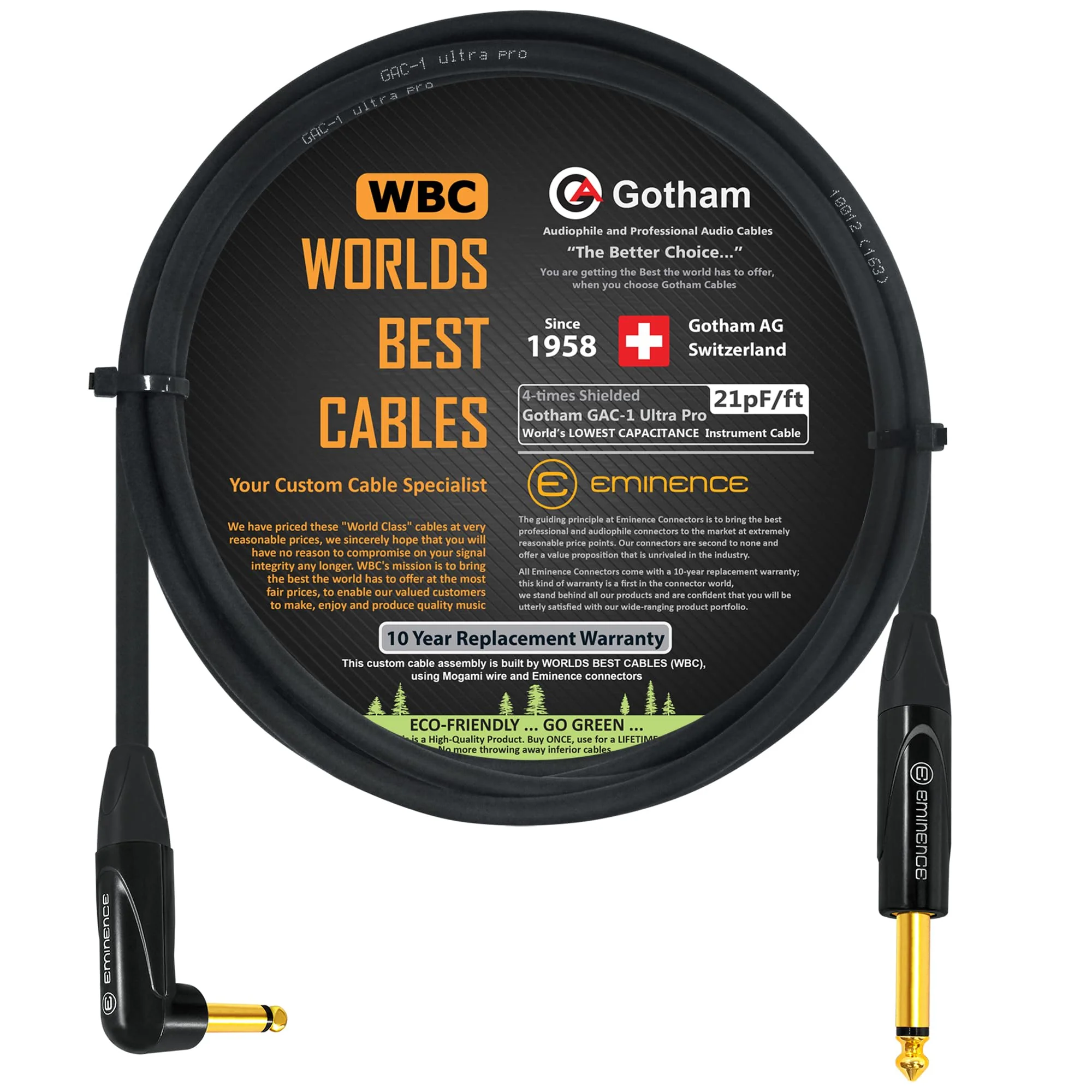3 Foot - Gotham GAC-1 Ultra Pro - Premium, Low-Capacitance Guitar Bass Instrument Cable - with Straight to Angled 1/4 Inch Eminence Gold Plated Connectors